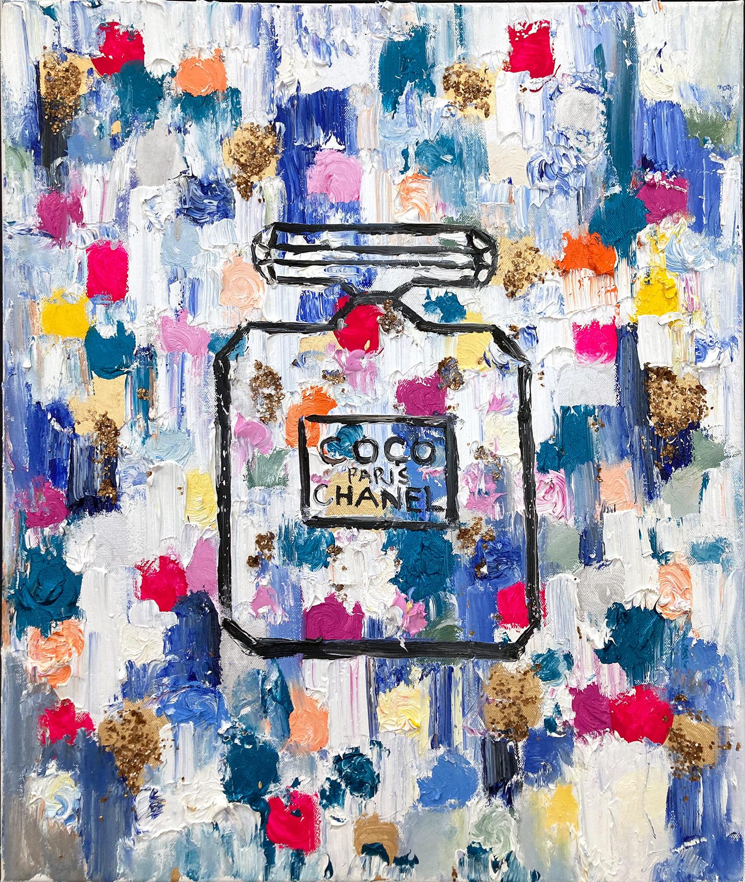 „Dripping Dots - Coco in Ibiza“ Pop-Art Chanel Parfümflasche Ölgemälde – Painting von Cindy Shaoul
