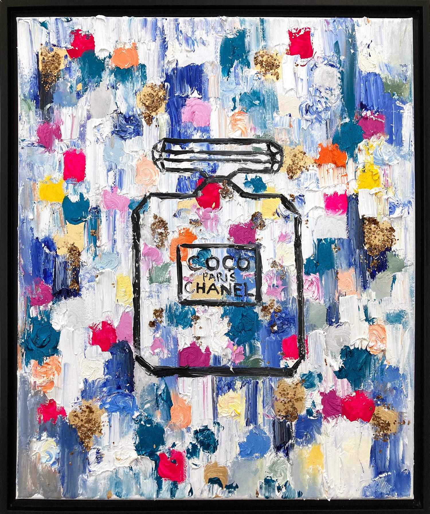 Cindy Shaoul Abstract Painting – „Dripping Dots - Coco in Ibiza“ Pop-Art Chanel Parfümflasche Ölgemälde