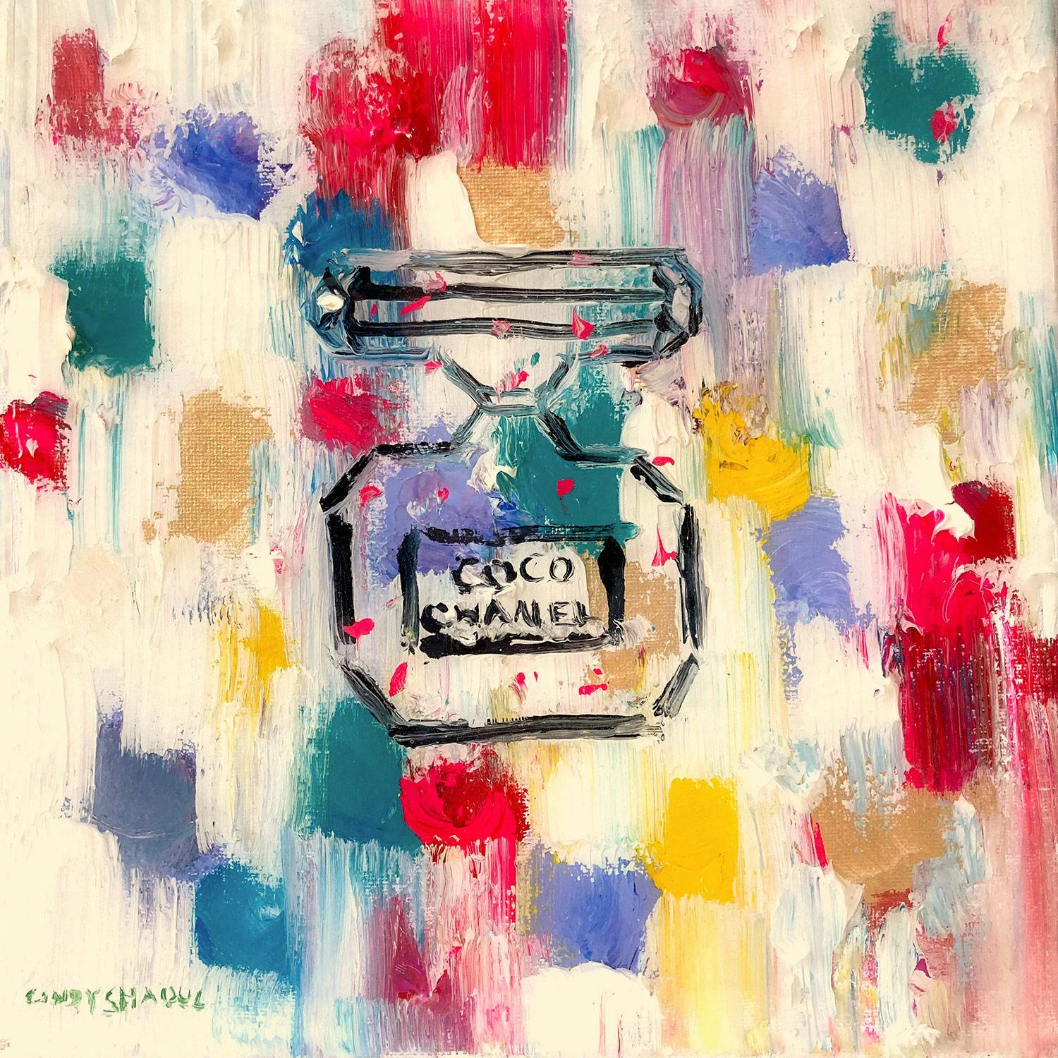 „Dripping Dots – Coco Mornings in Paris“ Parfümflasche, Gemälde, Öl und Harz – Painting von Cindy Shaoul