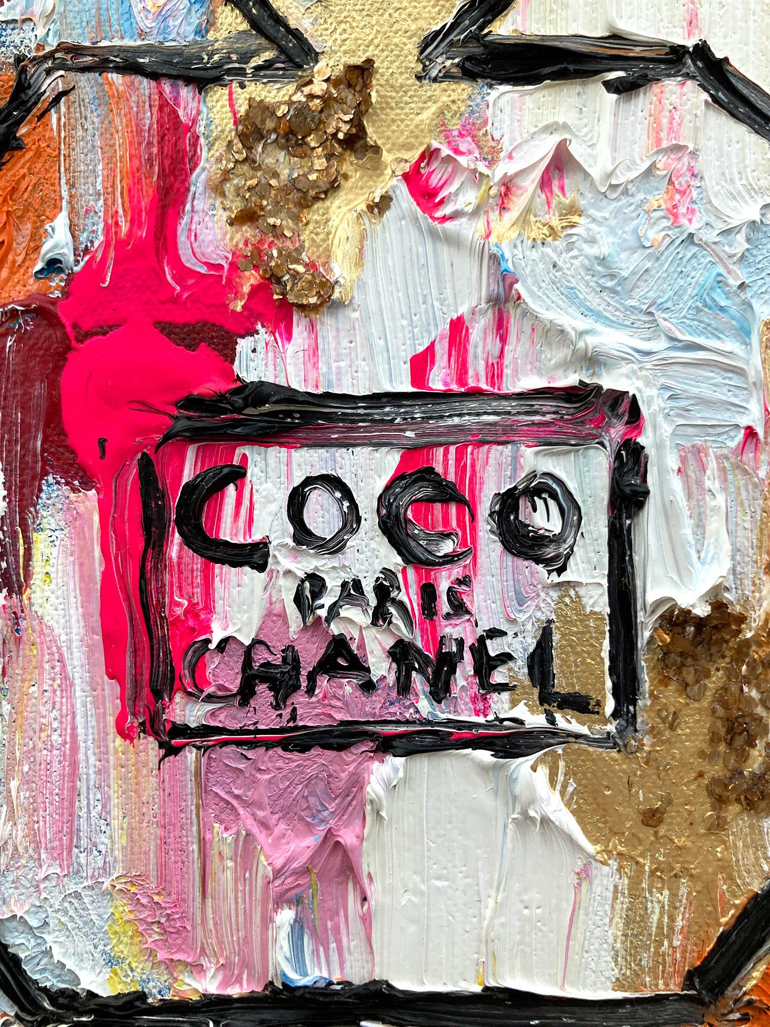 „Dripping Dots - Coco in Portofino“ Pop Art Chanel Parfümflasche Ölgemälde (Pop-Art), Painting, von Cindy Shaoul