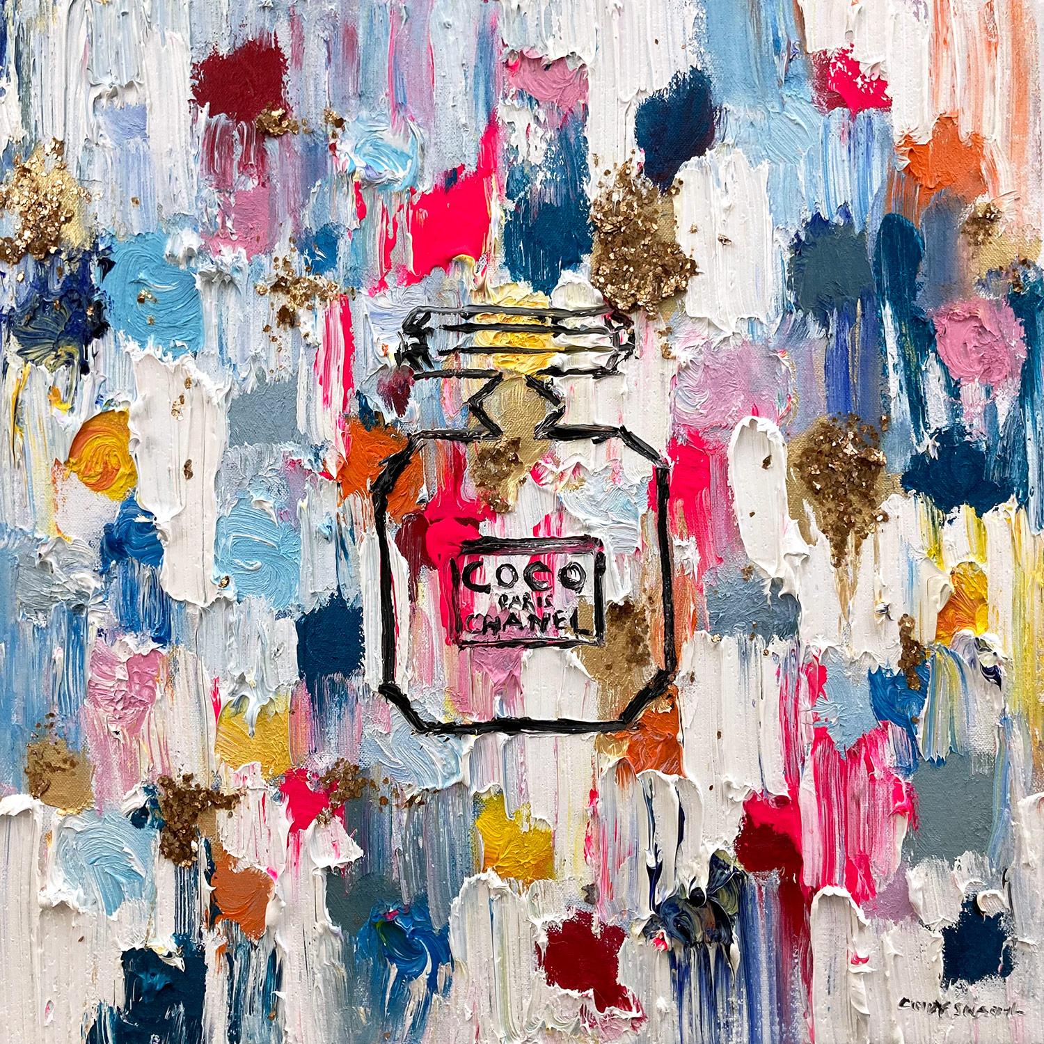 Cindy Shaoul Still-Life Painting - "Dripping Dots - Coco in Portofino" Pop Art Chanel Perfume Bottle Oil Painting