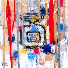 "Dripping Dots - Coco & Paris" Peinture contemporaine de bouteille de parfum Huile & Résine