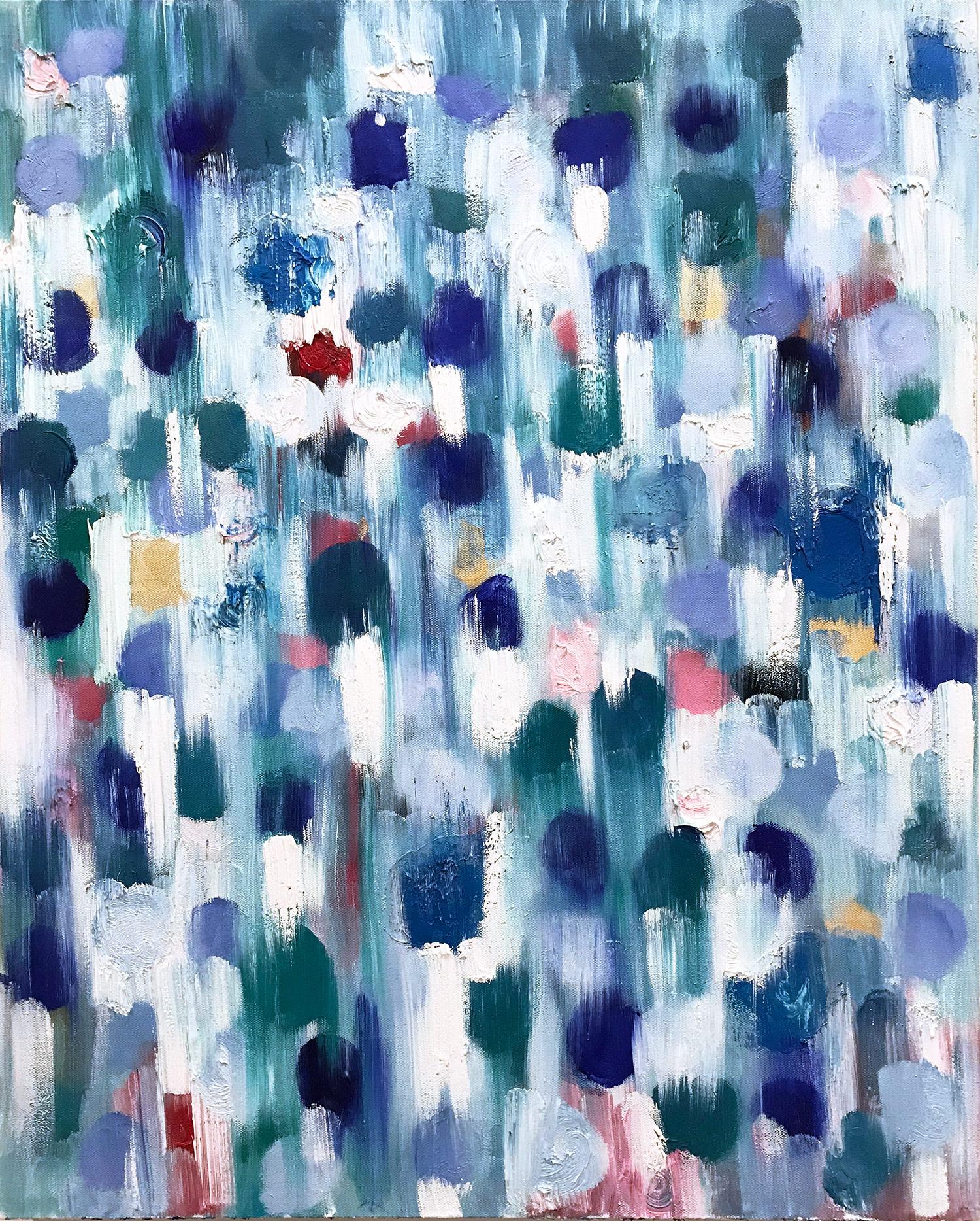 Abstract Painting Cindy Shaoul - "Dripping Dots - Cypress" Peinture à l'huile contemporaine colorée sur toile