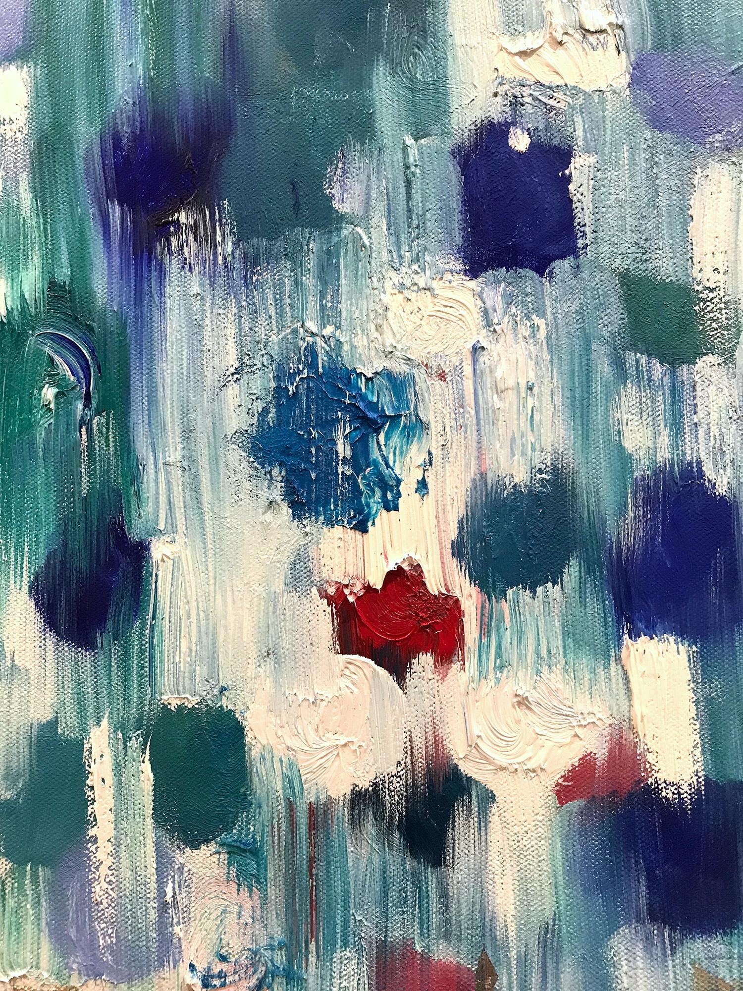 With layers of bright oils and whisking brush strokes, the paint is able to shine and shimmer in a very unique pattern. The artist uses thick textured oils and gold, to add a very contemporary, urban feel. The way the paint blends and washes into