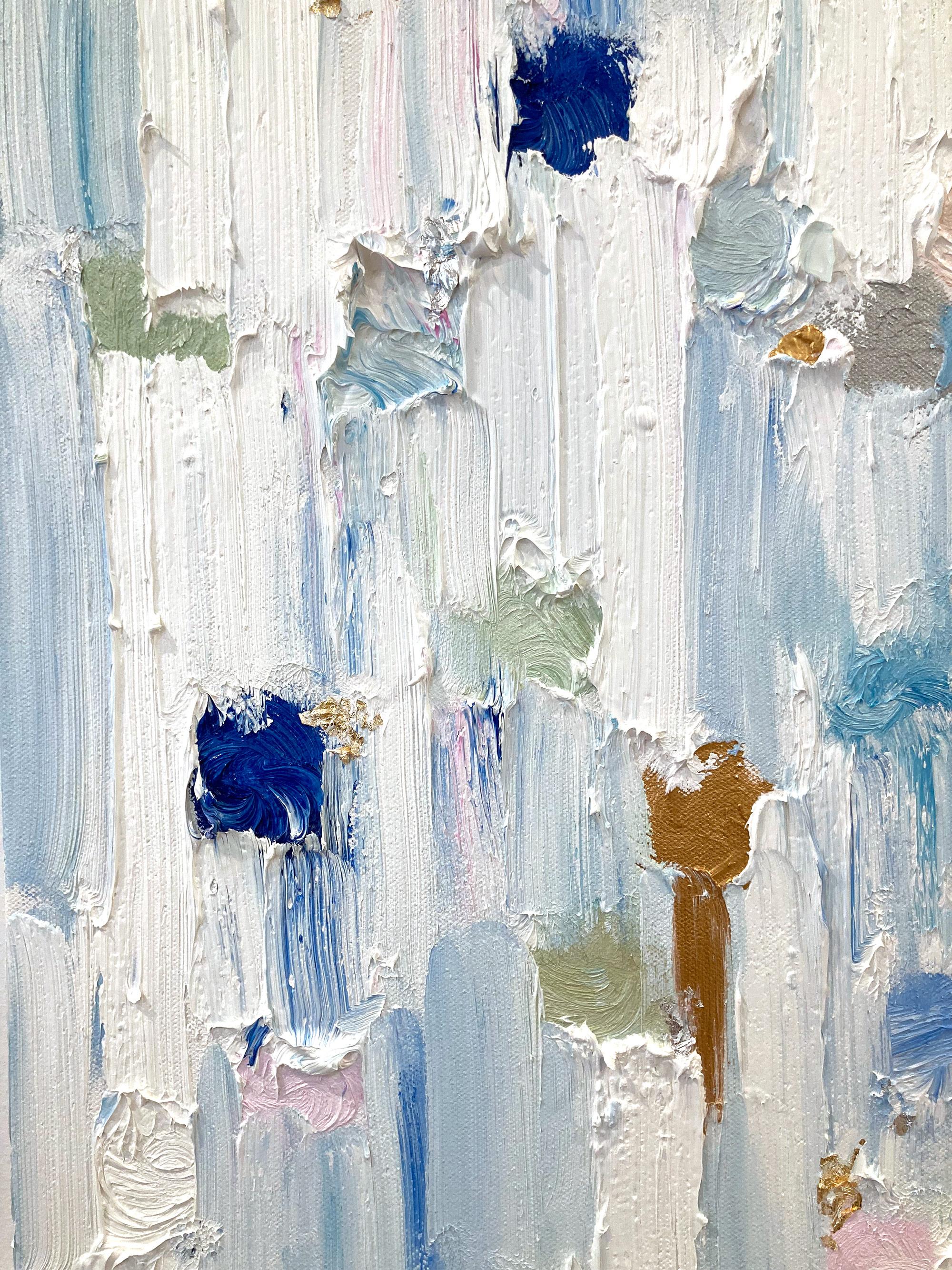 With layers of bright oils and whisking brush strokes, the paint is able to shine and shimmer in a very unique pattern. The artist uses gold leaf with thick textured oils and glass to add a very contemporary, urban feel. The “Dripping Dots” cascade