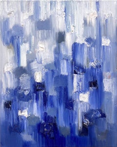 Peinture à l
huile abstraite sur toile "Dripping Dots - Essex" bleu dégradé coloré