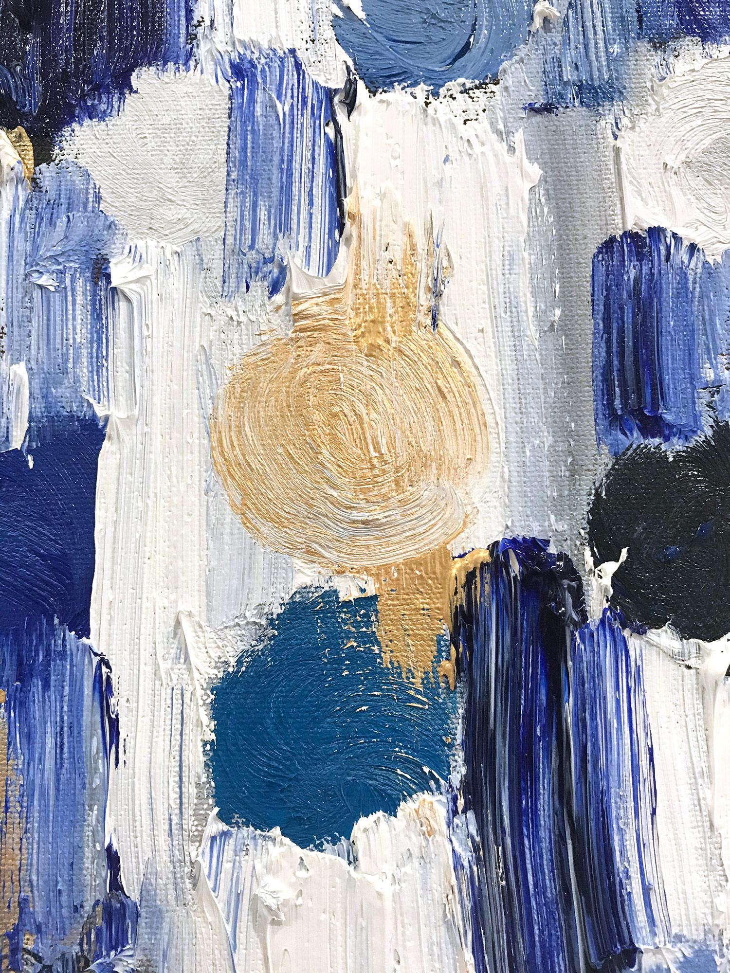 With layers of bright oils and whisking brush strokes, the paint is able to shine and shimmer in a very unique pattern. The artist uses thick textured oils, glass, with silver and gold, to add a very contemporary, urban feel. The way the paint