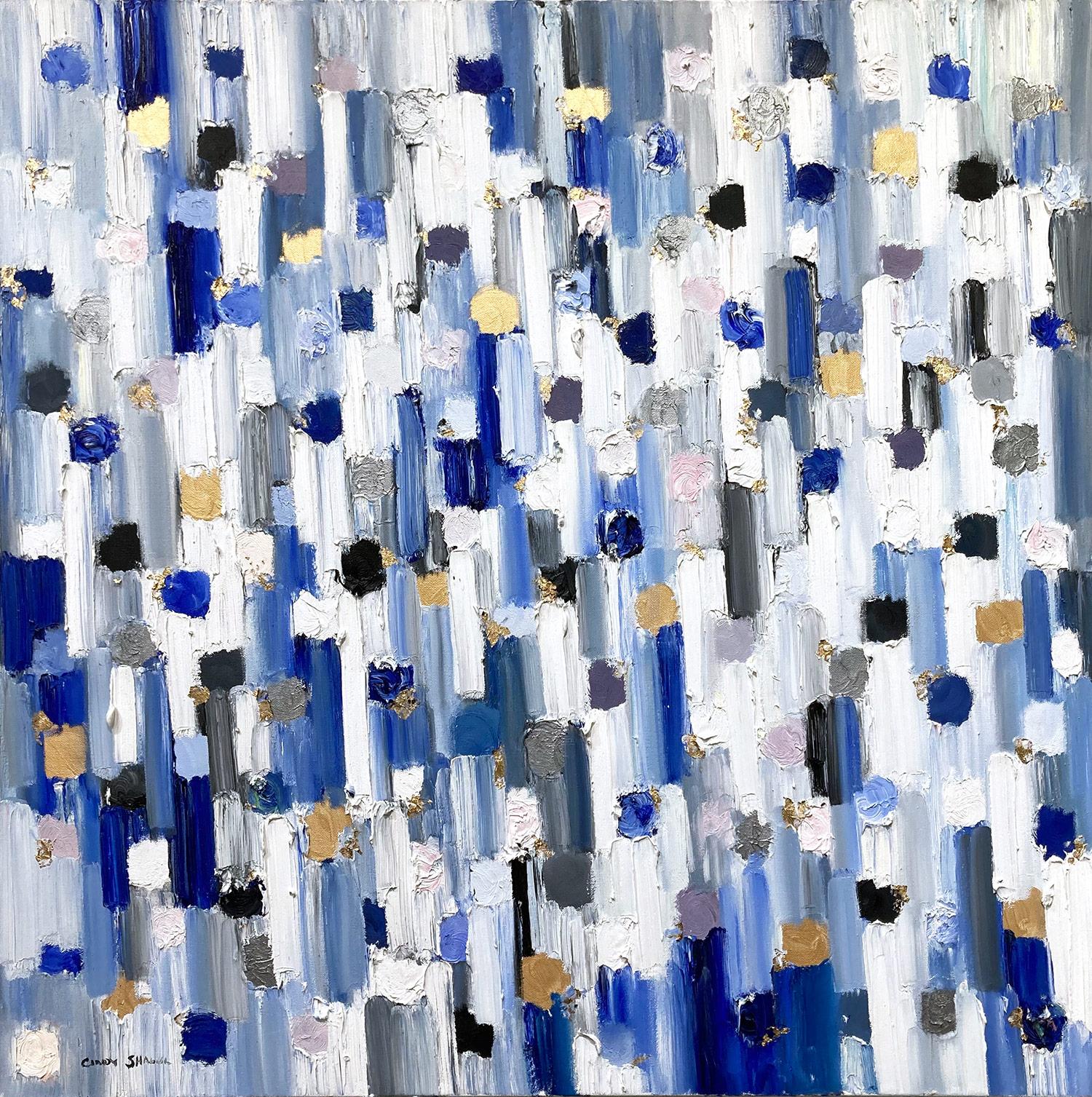 Abstract Painting Cindy Shaoul - "Dripping Dots - Geneva" Peinture à l'huile contemporaine multicolore sur toile avec dorure