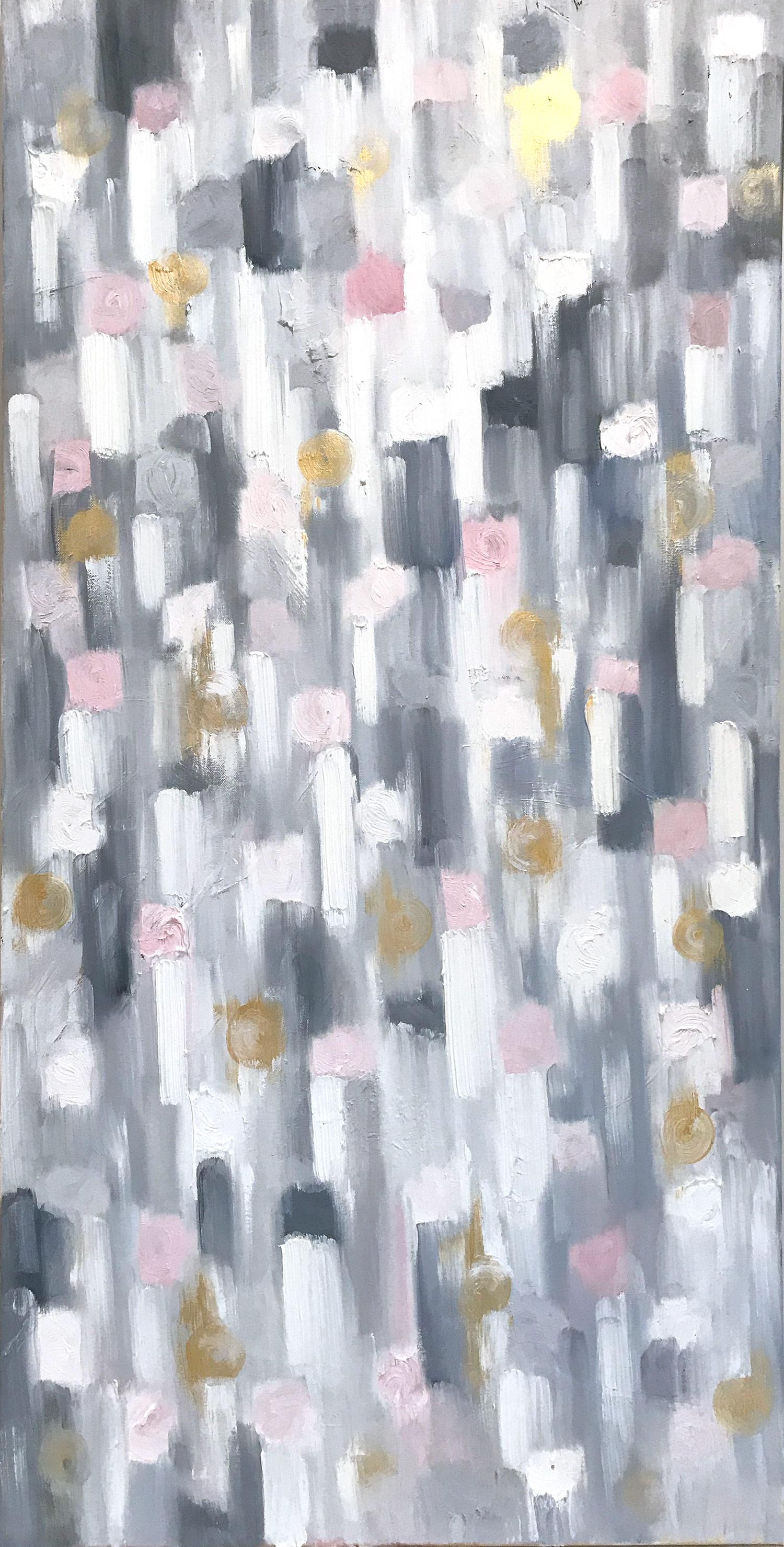 Cindy Shaoul Abstract Painting – ""Dripping Dots - Golden Sun Kisses"" Zeitgenössisches abstraktes Ölgemälde auf Leinwand