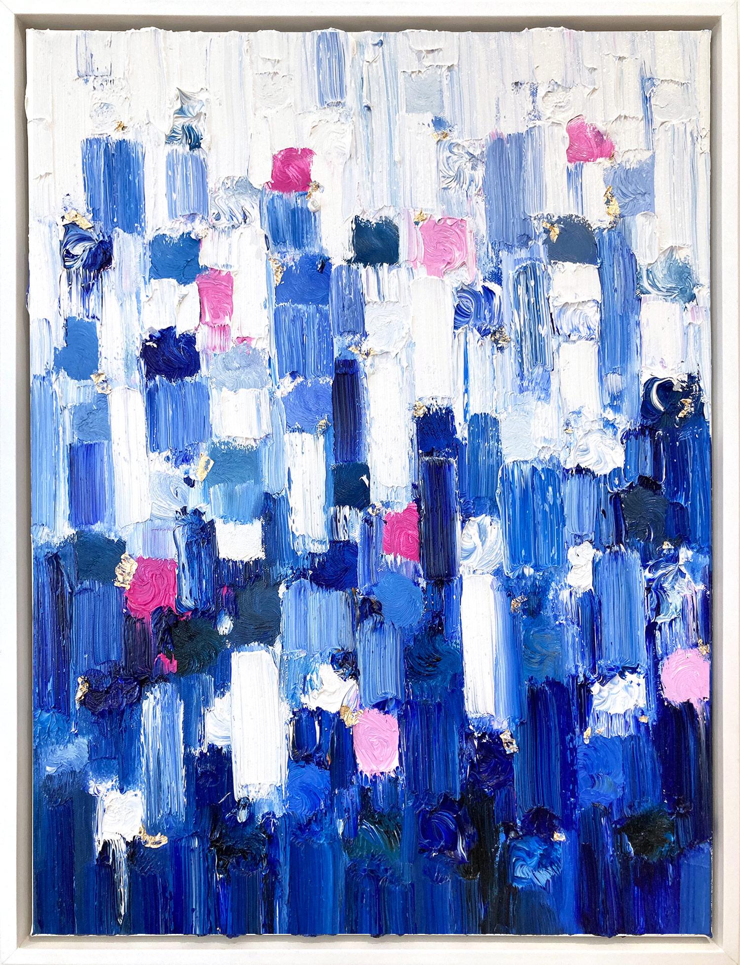 "Dripping Dots - Gramercy" Peinture à l'huile abstraite de qualité supérieure bleue et rose sur toile 