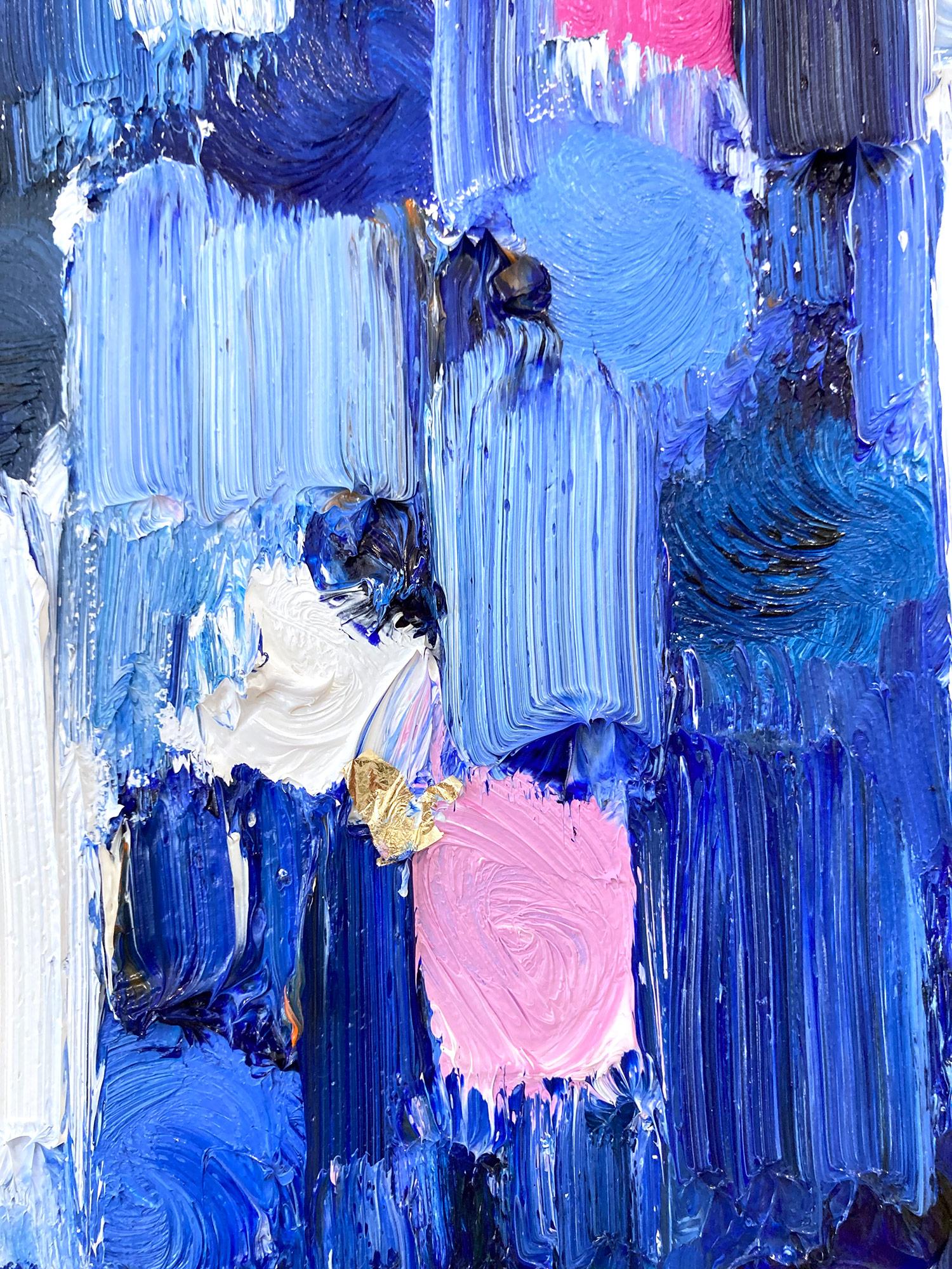 Abstraktes Ölgemälde auf Leinwand, „Dripping Dots – Gramercy“, Blau & Rosa Farbverlauf  (Gold), Abstract Painting, von Cindy Shaoul