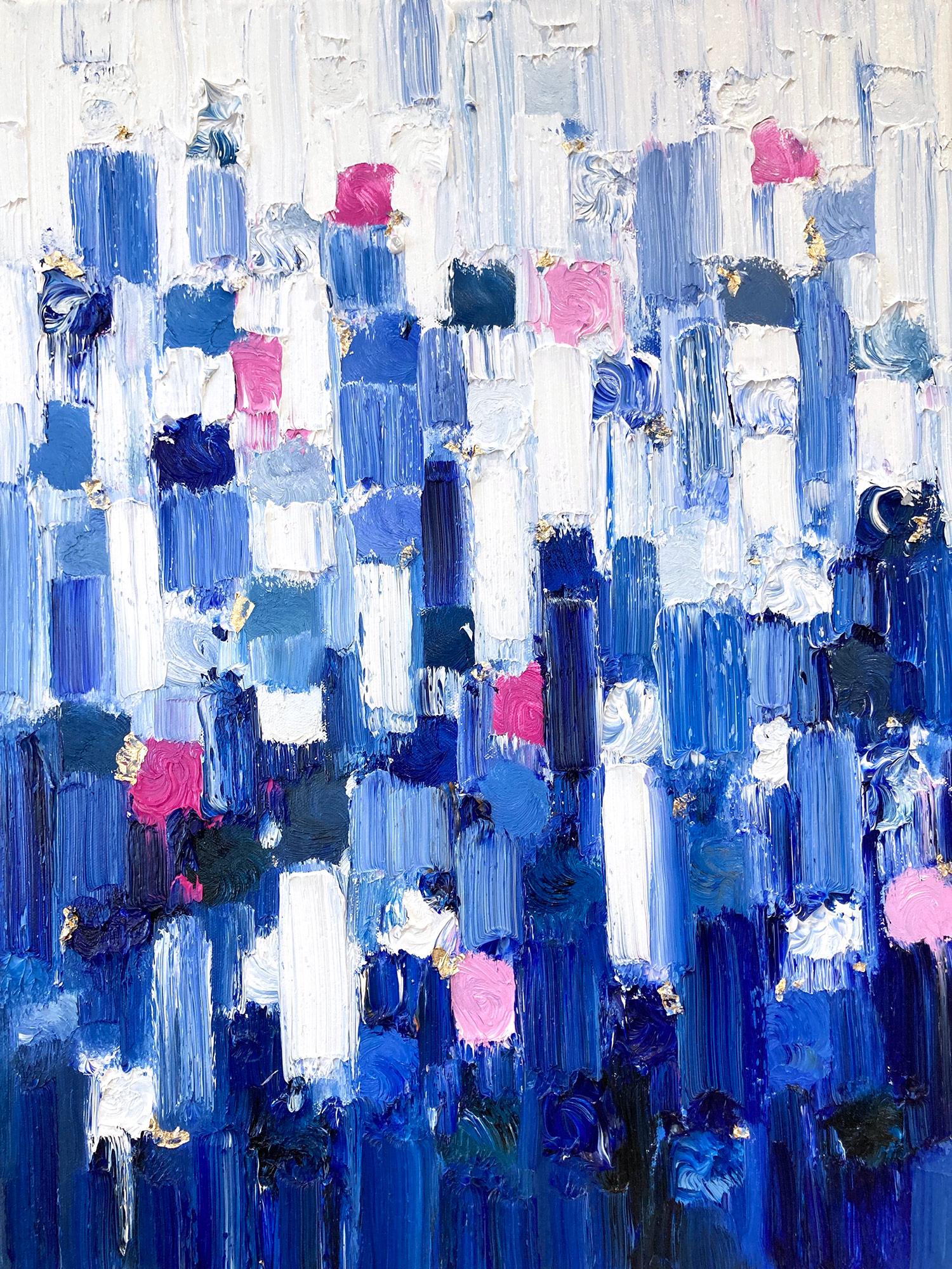 Abstraktes Ölgemälde auf Leinwand, „Dripping Dots – Gramercy“, Blau & Rosa Farbverlauf  – Painting von Cindy Shaoul