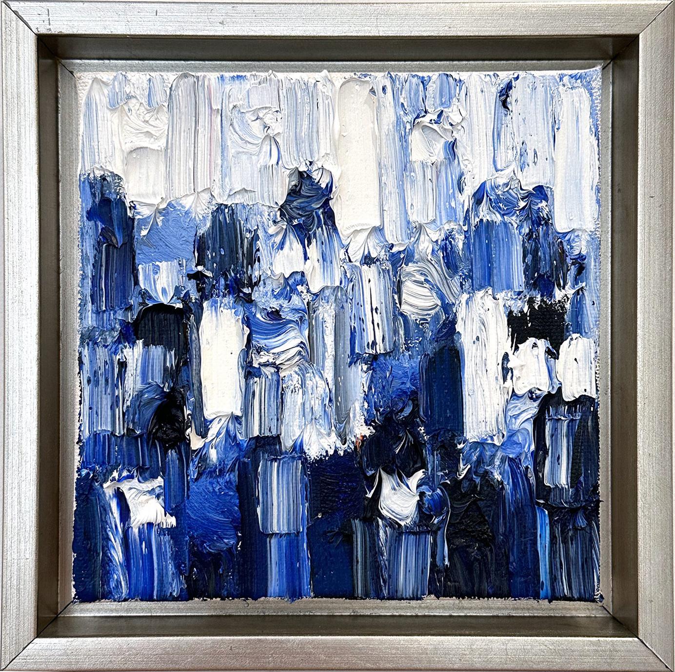 Cindy Shaoul Abstract Painting - "Dripping Dots - Gramercy" Gradient Blue Contemporary Oil Painting Canvas Framed