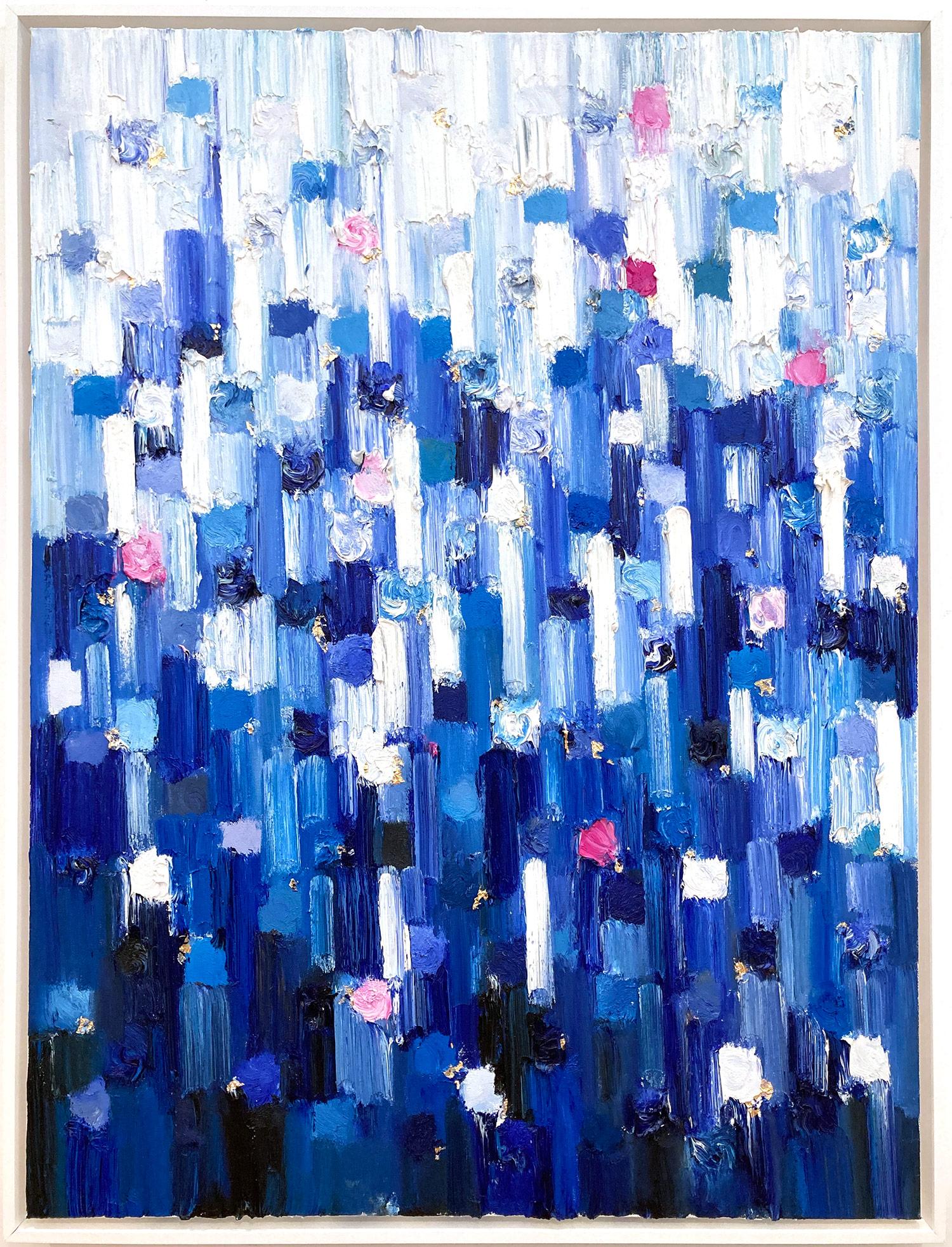Abstract Painting Cindy Shaoul - Peinture à l'huile contemporaine sur toile "Dripping Dots - Gramercy" Bleu dégradé