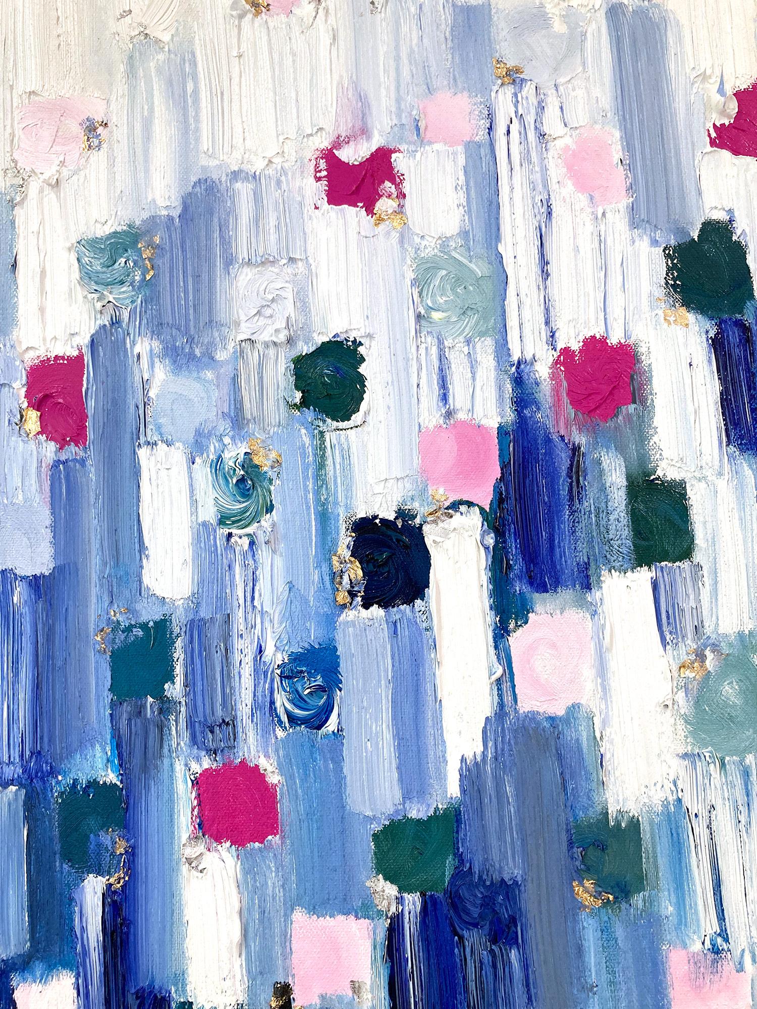 « »Dripping Dots -  Peinture à l'huile abstraite colorée sur toile « Gramercy Park »  - Violet Abstract Painting par Cindy Shaoul