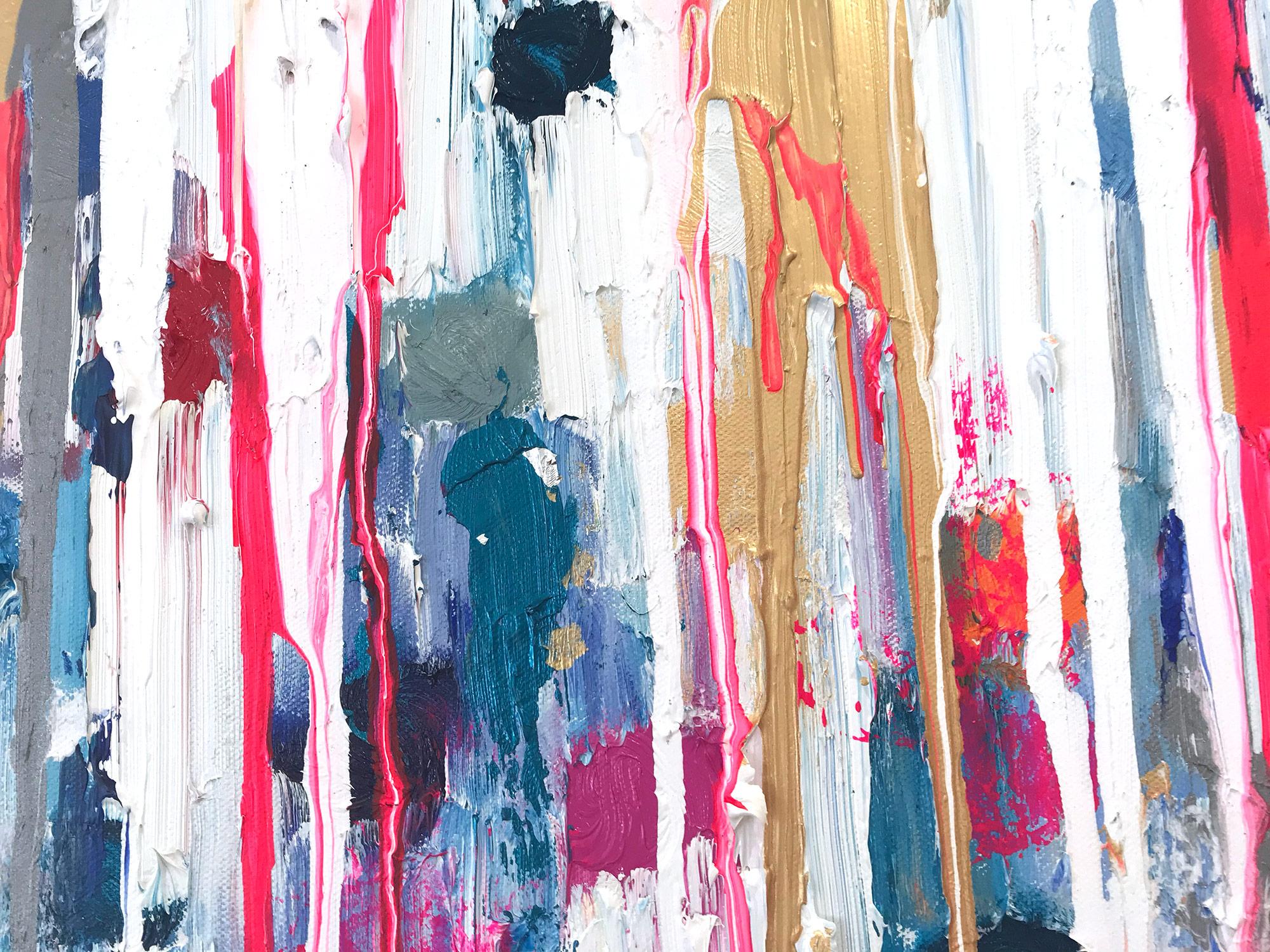 With layers of bright oils and whisking brush strokes, the paint is able to shine and shimmer in a very unique pattern. The artist uses gold drips, silver leaf, mixed media, and pieces of glass to add a very contemporary, Urban feel. The way the