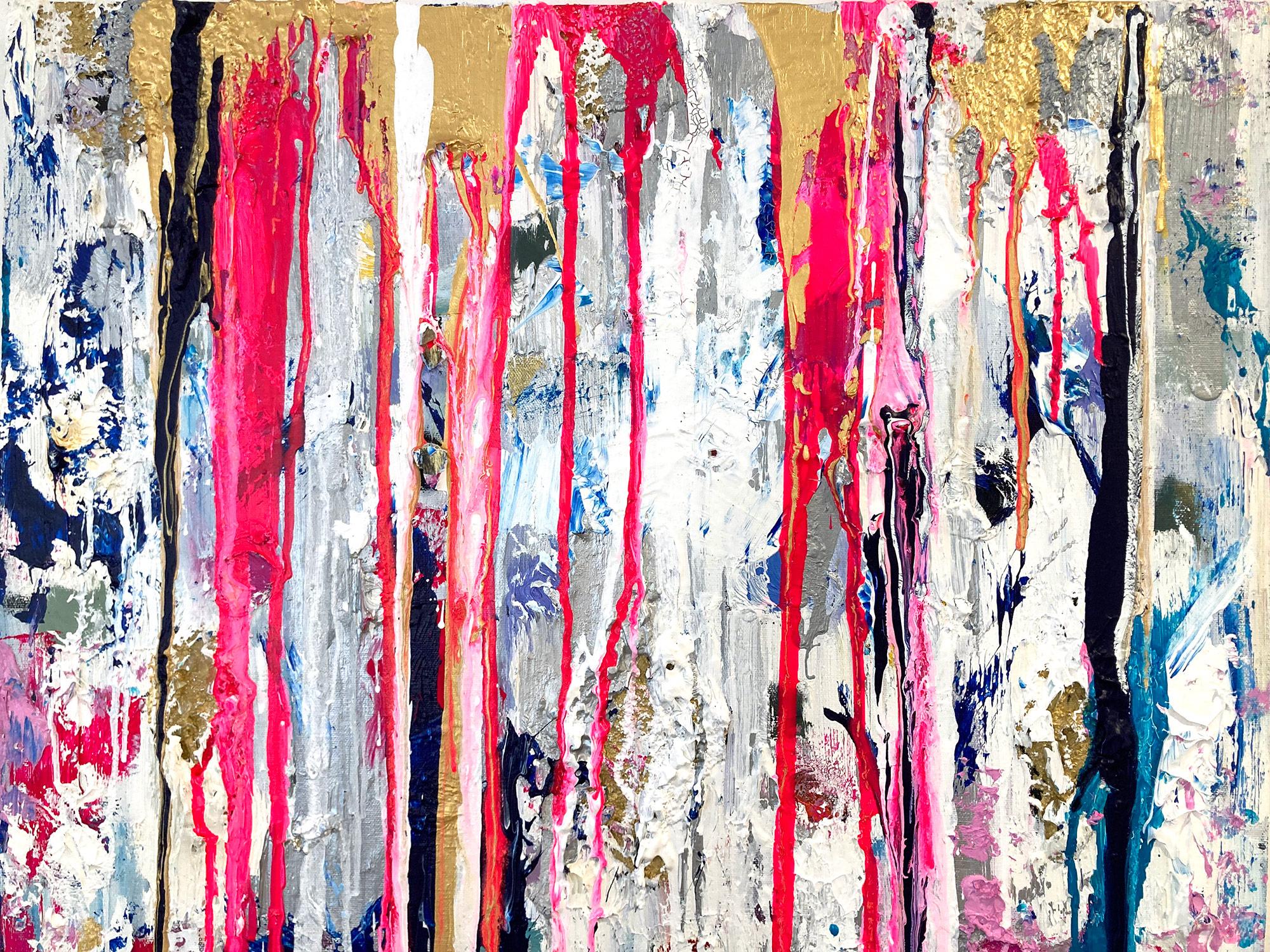 With layers of bright oils and whisking brush strokes, the paint is able to shine and shimmer in a very unique pattern. The artist uses gold leaf with thick textured oils and glass to add a very contemporary, urban feel. The “Dripping Dots” cascade