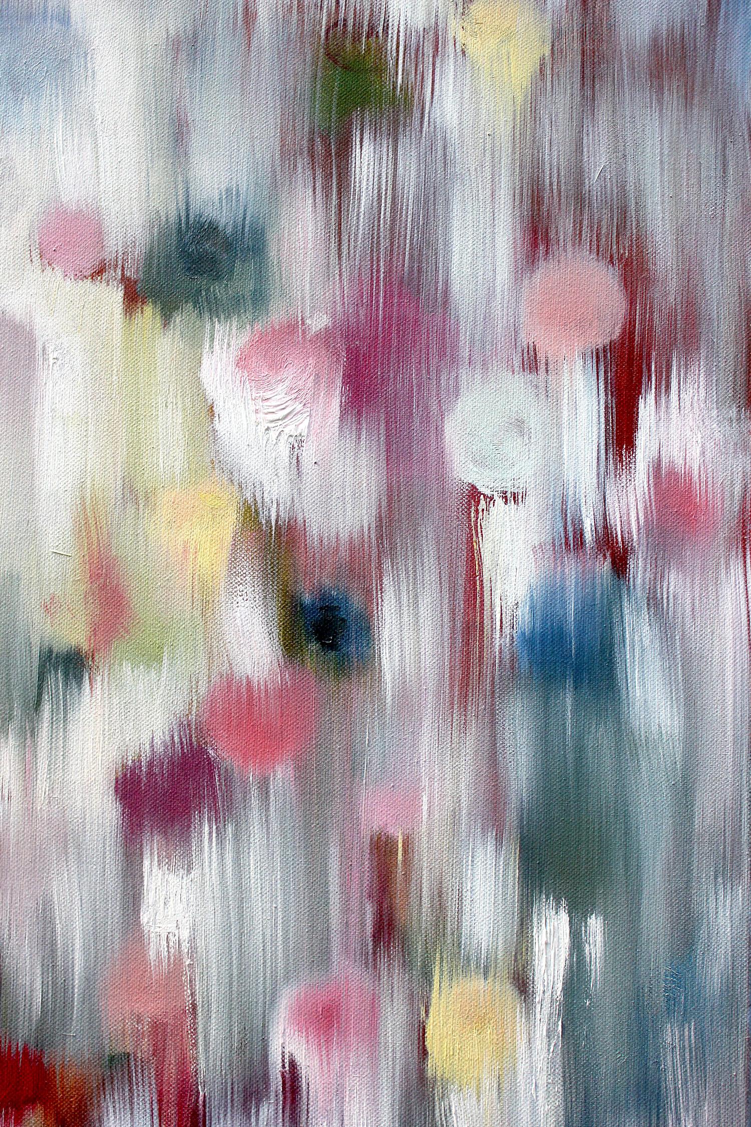 „Dripping Dots – Ibiza“, farbenfrohes zeitgenössisches Ölgemälde auf Leinwand (Grau), Abstract Painting, von Cindy Shaoul