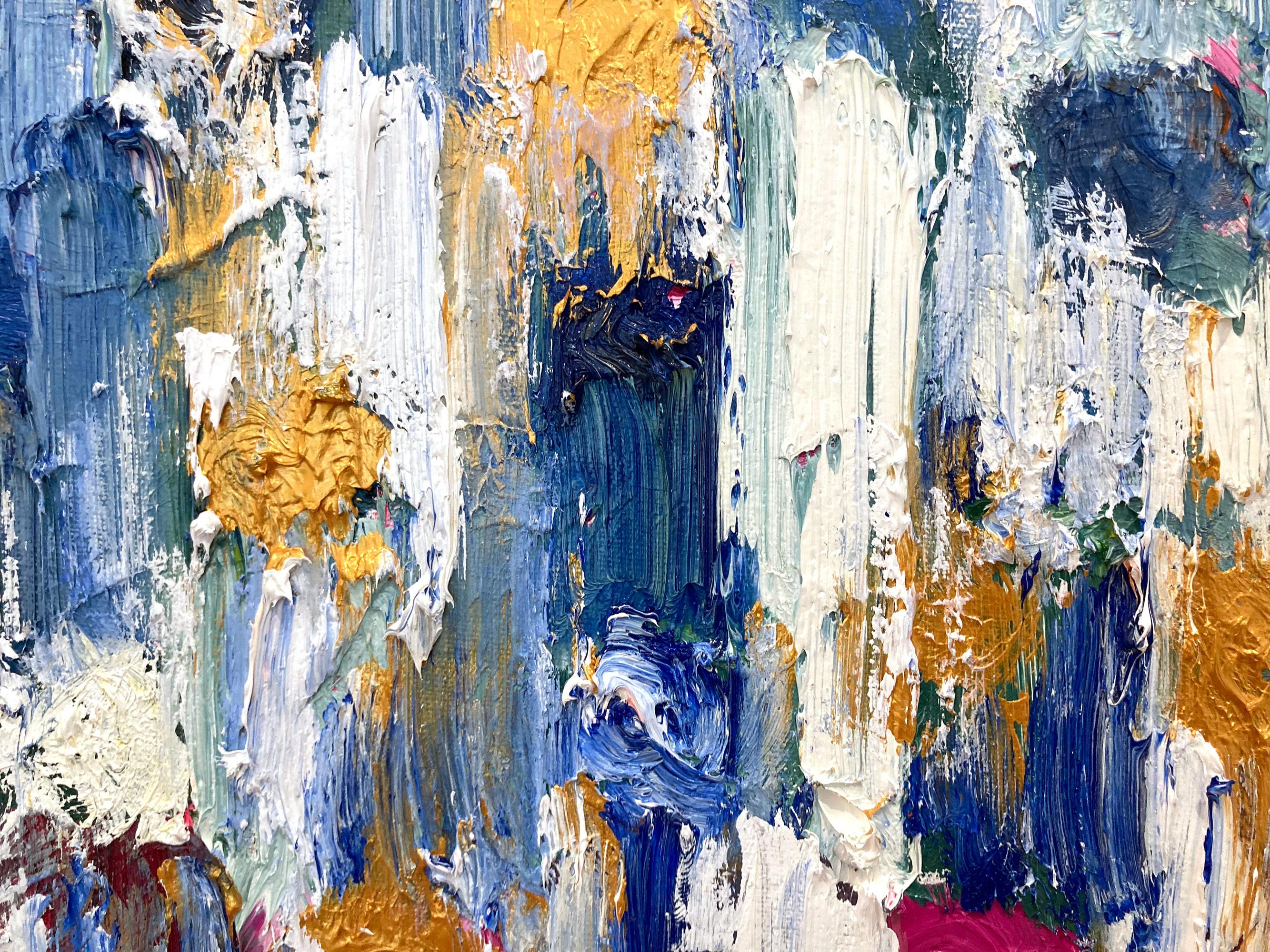 With layers of bright oils and whisking brush strokes, the paint is able to shine and shimmer in a very unique pattern. The artist uses gold leaf with thick textured oils and glass to add a very contemporary, urban feel. The “Dripping Dots” cascade