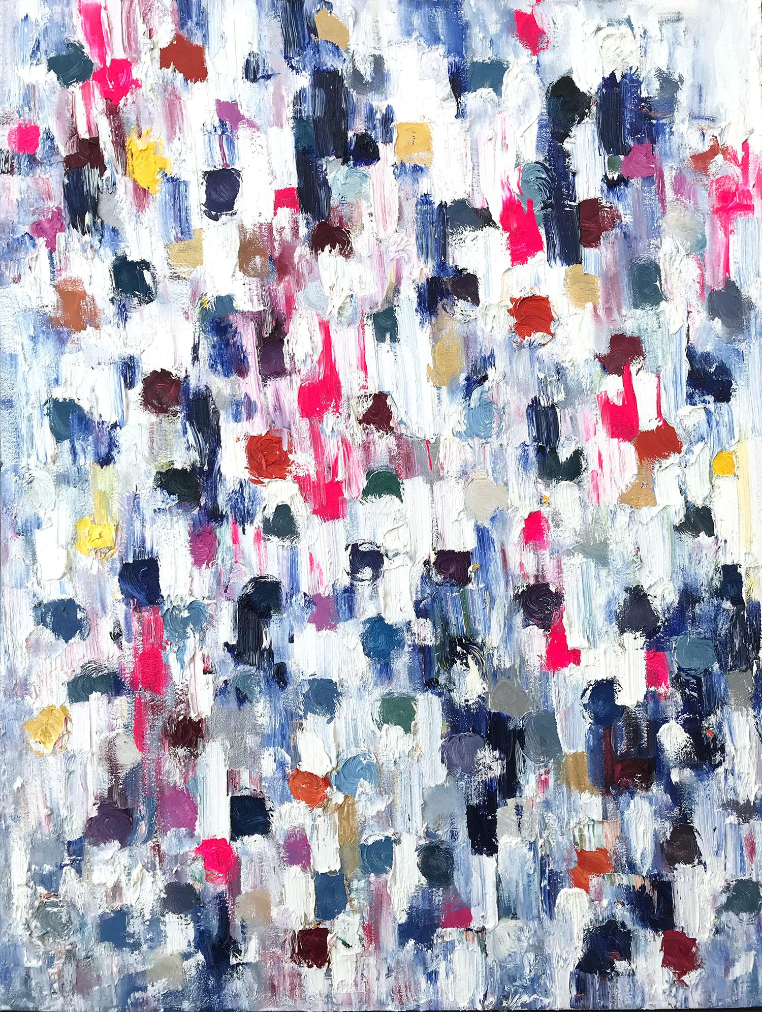 Cindy Shaoul Abstract Painting - "Dripping Dots - Jardin du Luxembourg" Colorful Abstract Oil Painting on Canvas