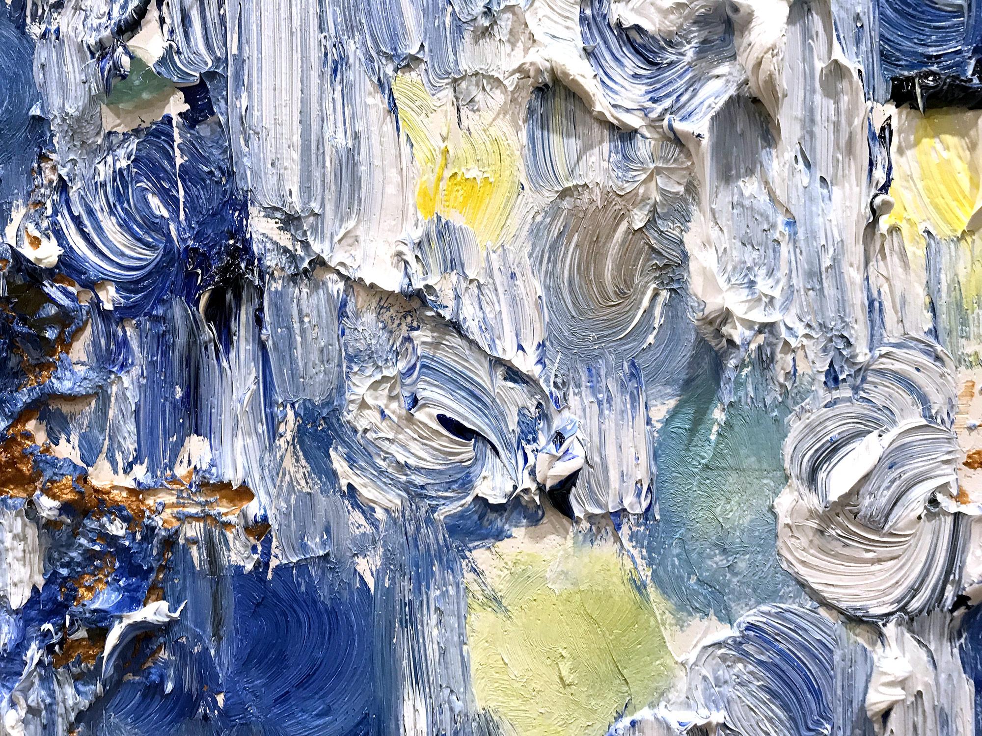 Grazie agli strati di olii brillanti e alle pennellate di pennello, la pittura è in grado di brillare e scintillare in un disegno davvero unico. L'artista utilizza la foglia d'oro, oli dalla consistenza spessa, tecniche miste e pezzi di vetro per