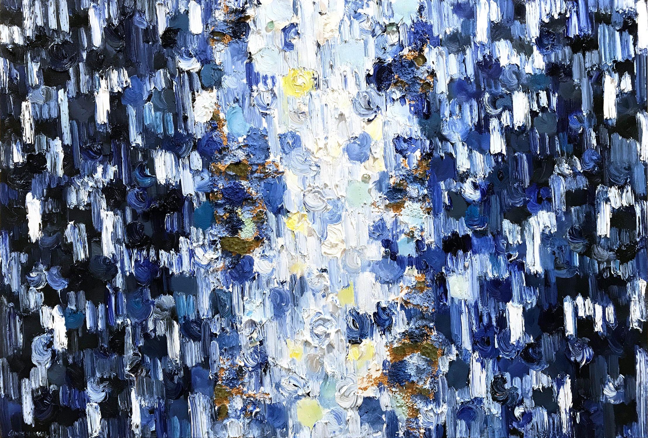 Cindy Shaoul Abstract Painting - "Dripping Dots - Kingston" Blue & Black Gradient Abstract Oil Painting on Canvas