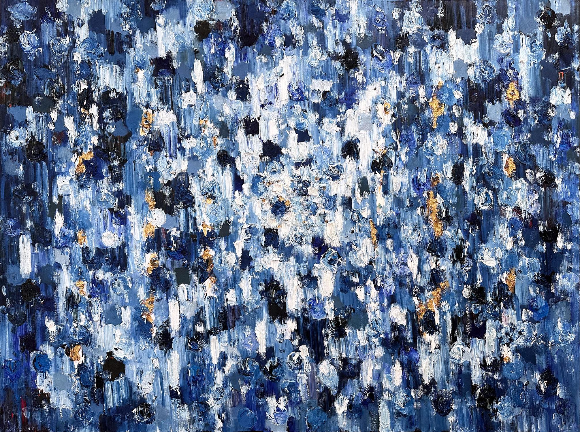 „Dripping Dots - Knightsbridge“ Blaues abstraktes Ölgemälde auf Leinwand mit Gold – Painting von Cindy Shaoul