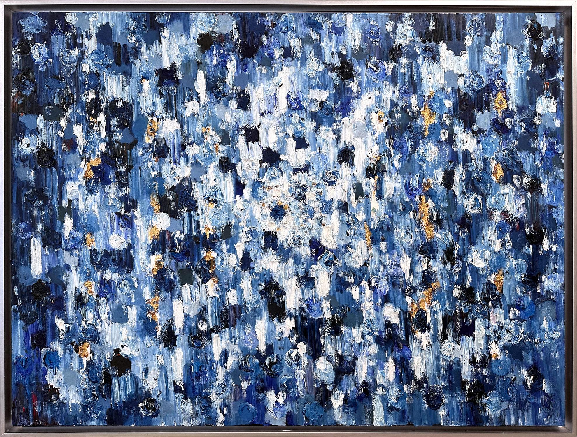 Cindy Shaoul Abstract Painting – „Dripping Dots - Knightsbridge“ Blaues abstraktes Ölgemälde auf Leinwand mit Gold