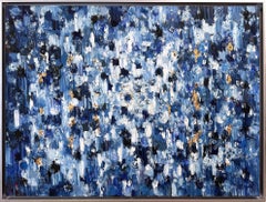 « Droping Dots - Knightsbridge », peinture à l'huile abstraite bleue sur toile avec or