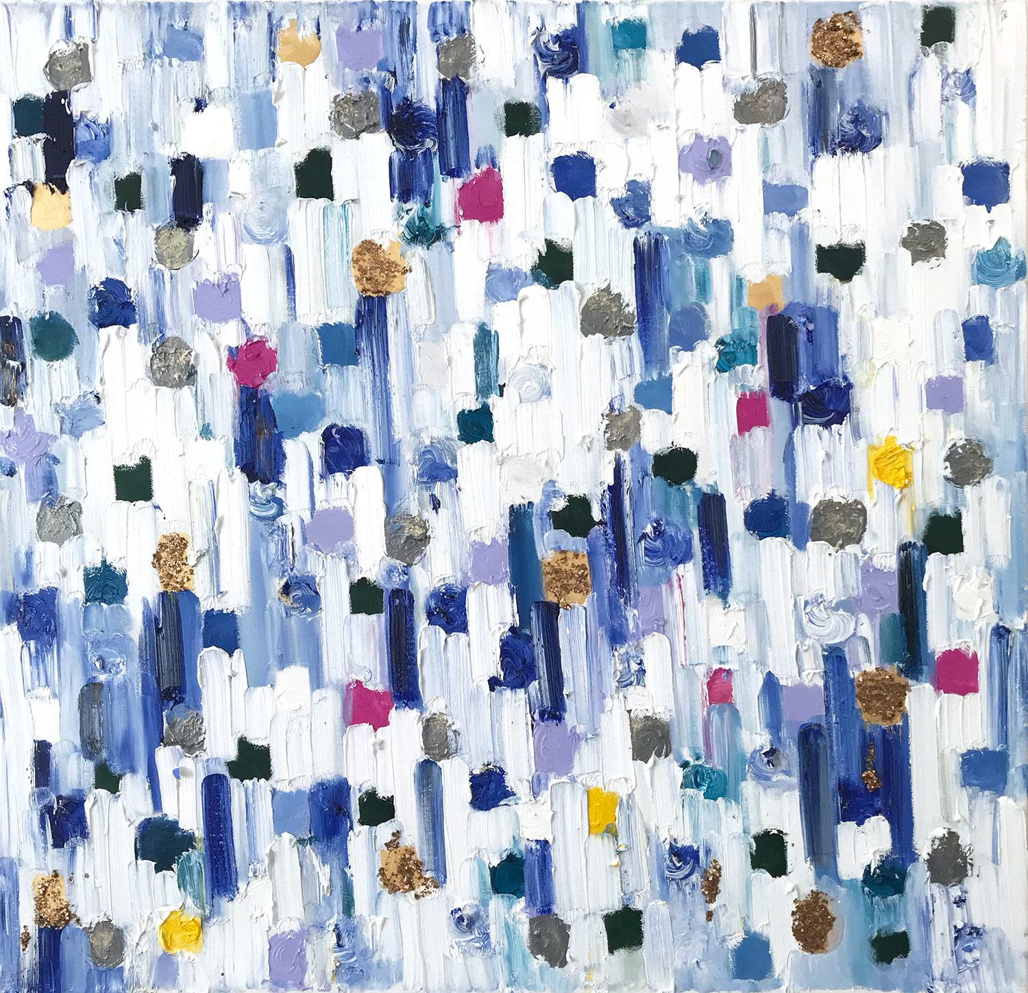 Cindy Shaoul Abstract Painting - "Dripping Dots - La Glaye" Colorful Abstract Oil Painting with Gold on Canvas