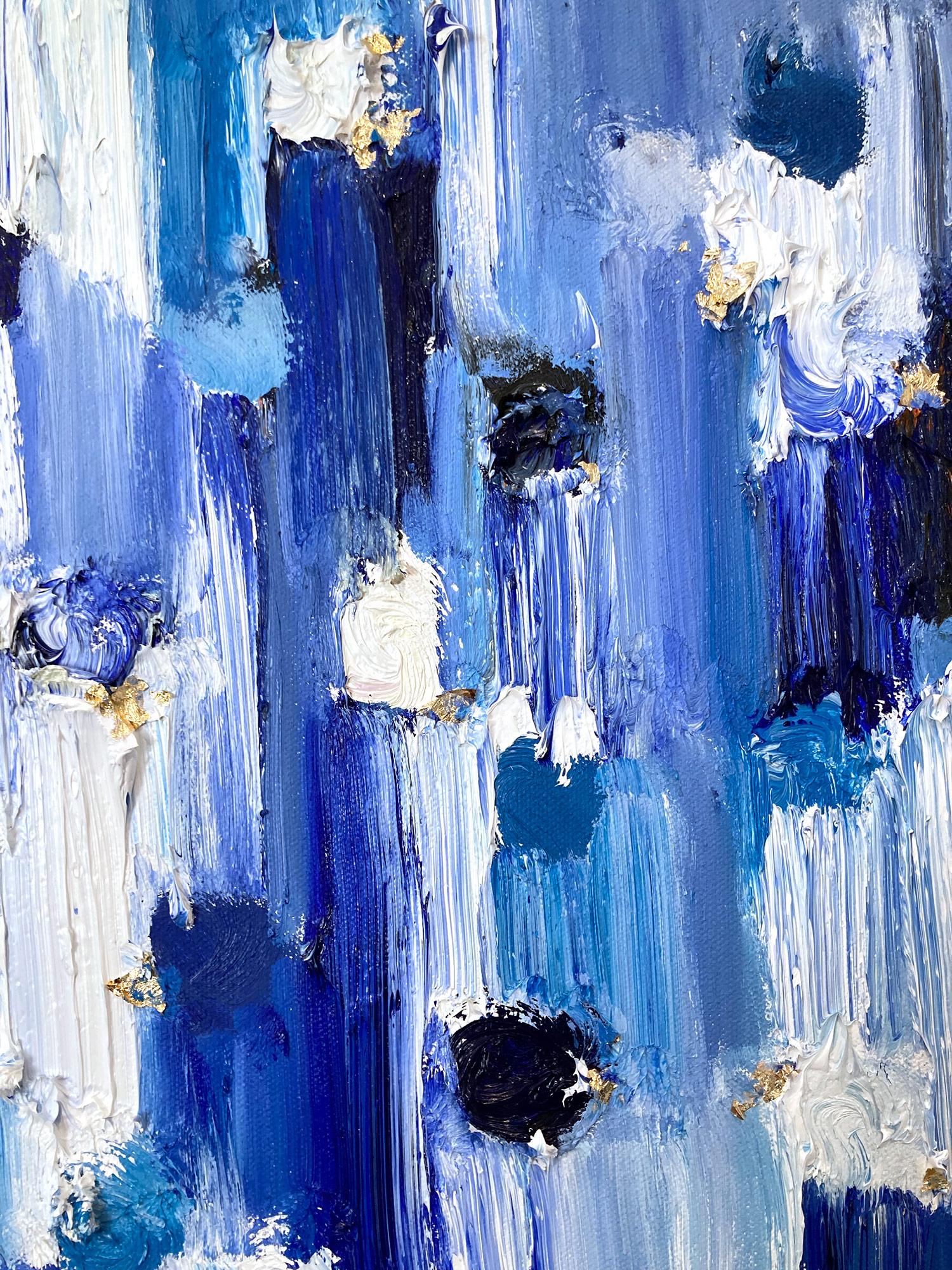 „Dripping Dots - London“ Blaues und weißes abstraktes Ölgemälde auf Leinwand, gerahmt (Zeitgenössisch), Painting, von Cindy Shaoul
