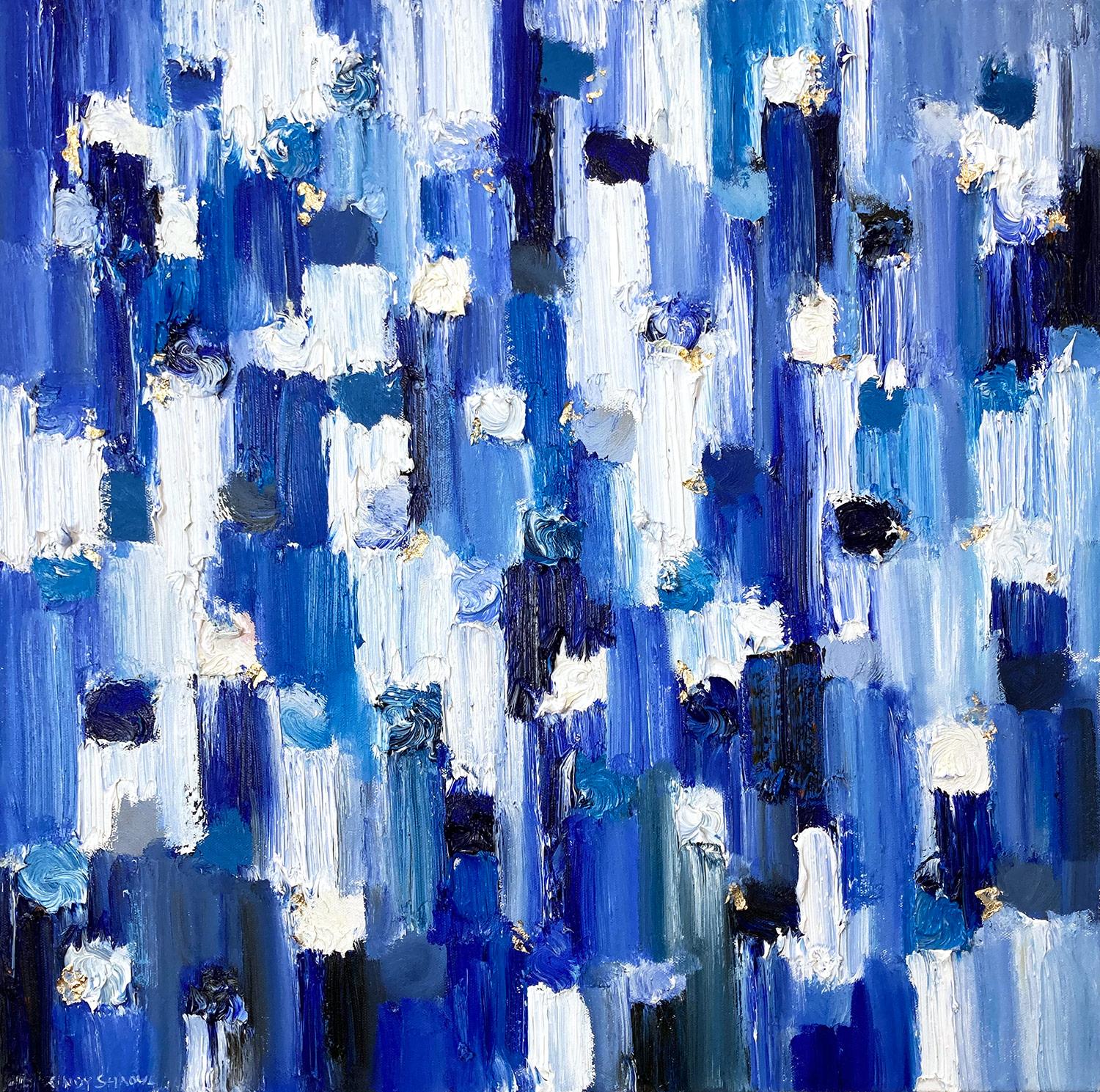 „Dripping Dots - London“ Blaues und weißes abstraktes Ölgemälde auf Leinwand, gerahmt – Painting von Cindy Shaoul