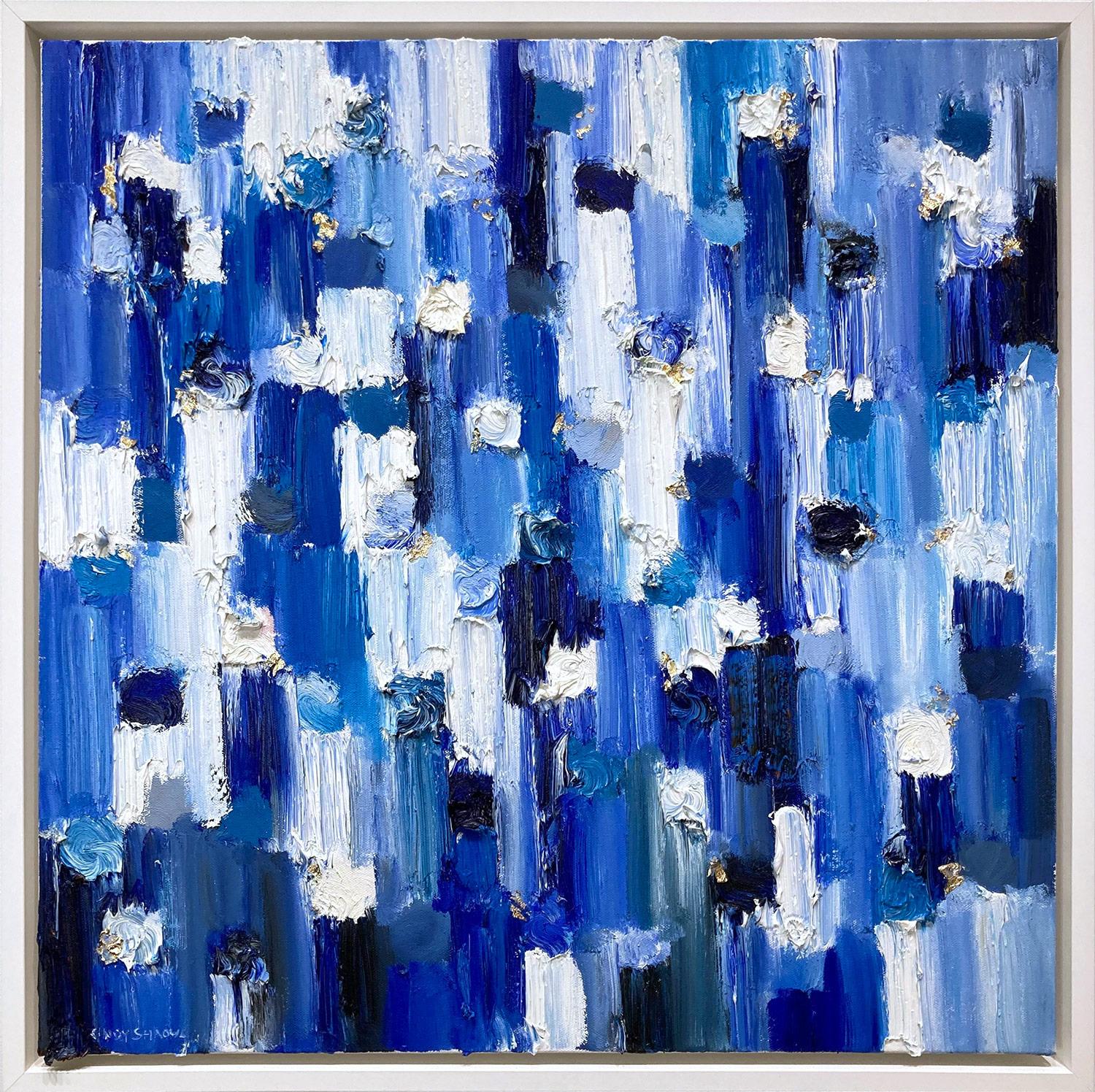 Cindy Shaoul Abstract Painting - "Dripping Dots - London" Blue and White Abstract Oil Painting on Canvas Framed