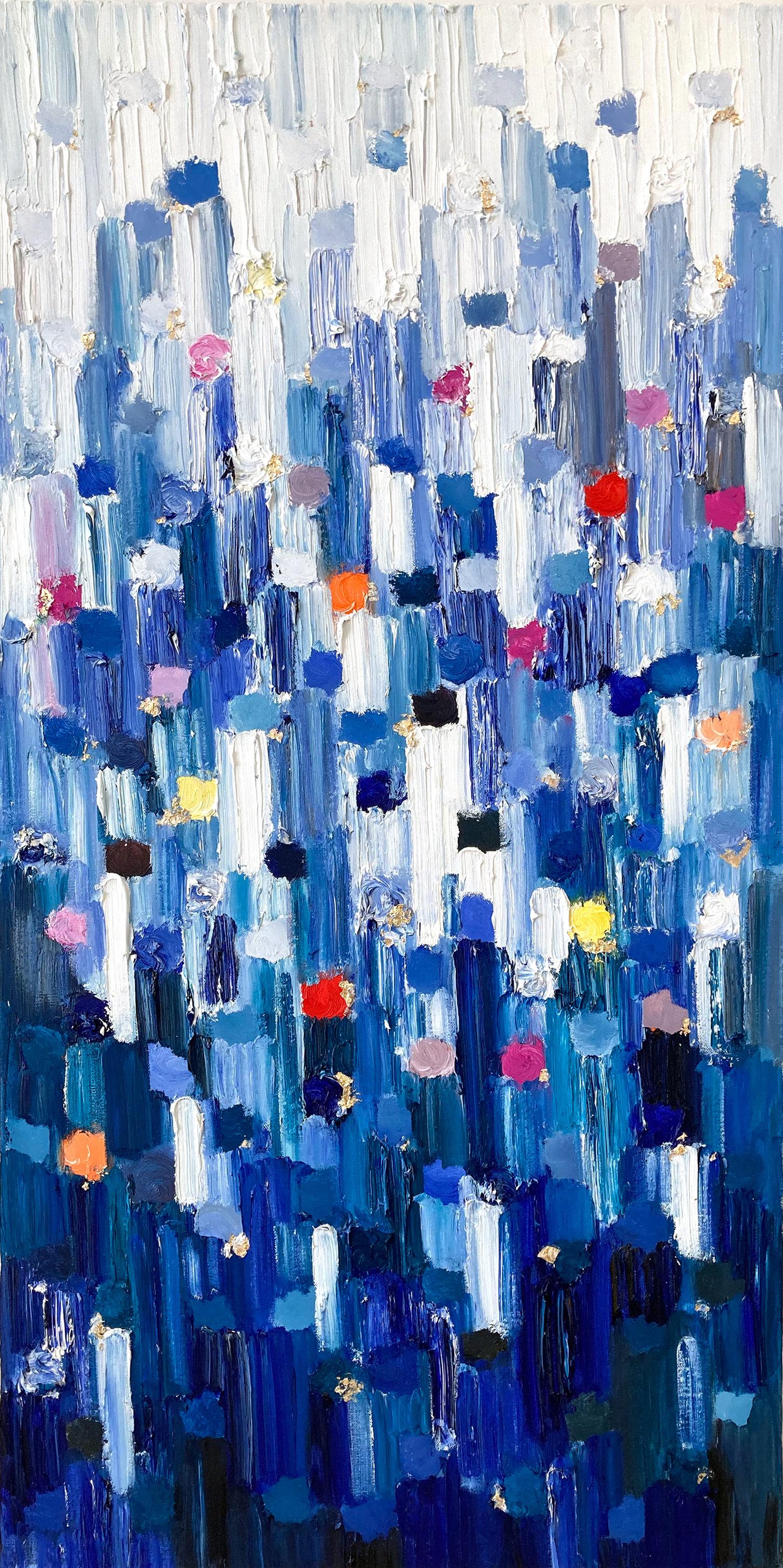 Cindy Shaoul Abstract Painting – ""Dripping Dots - Madison"" Buntes abstraktes Ölgemälde in Mischtechnik auf Leinwand 