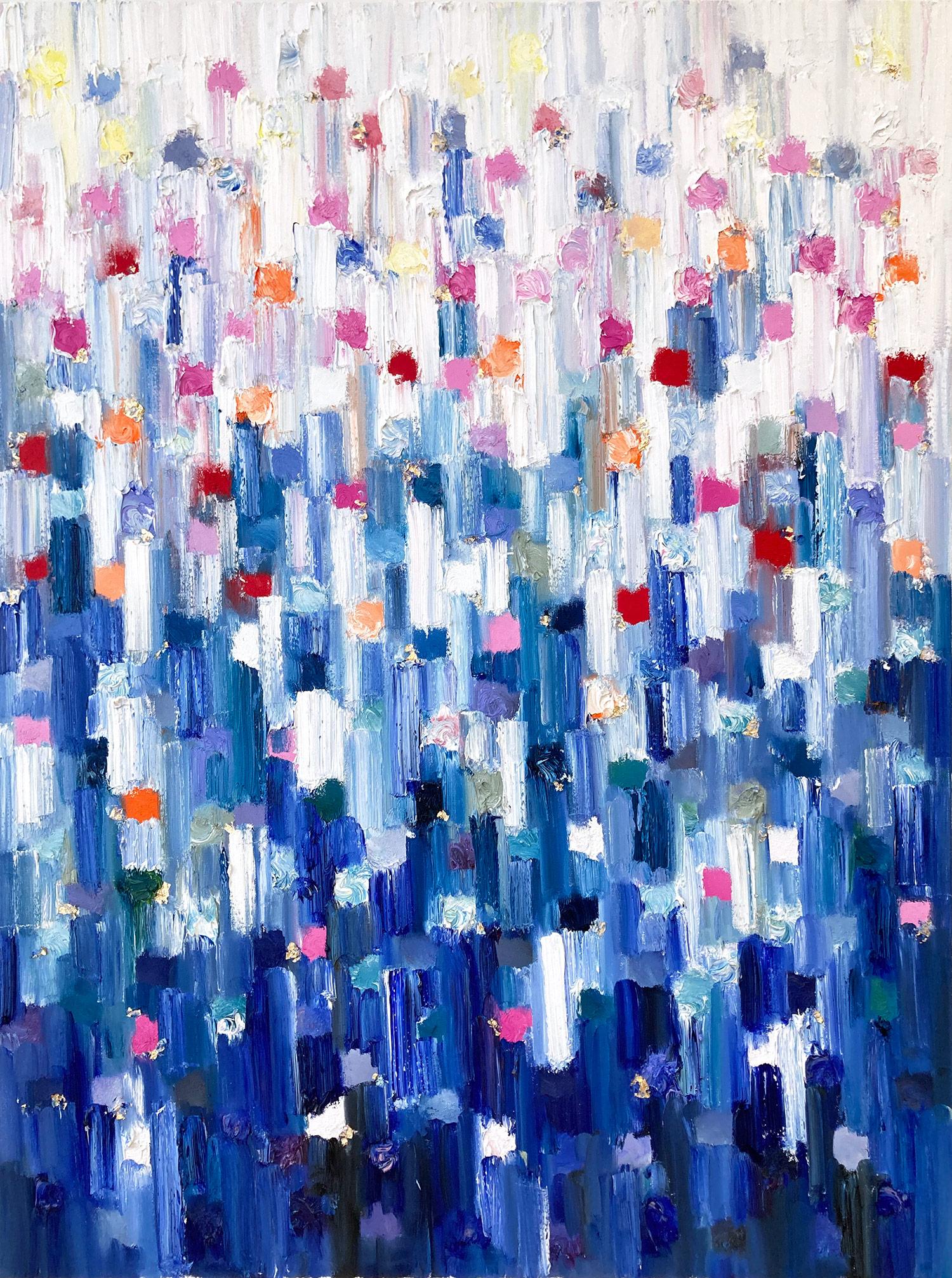 Cindy Shaoul Abstract Painting - "Dripping Dots - Madison" Colorful Abstract Oil Painting Canvas with Gold Leaf
