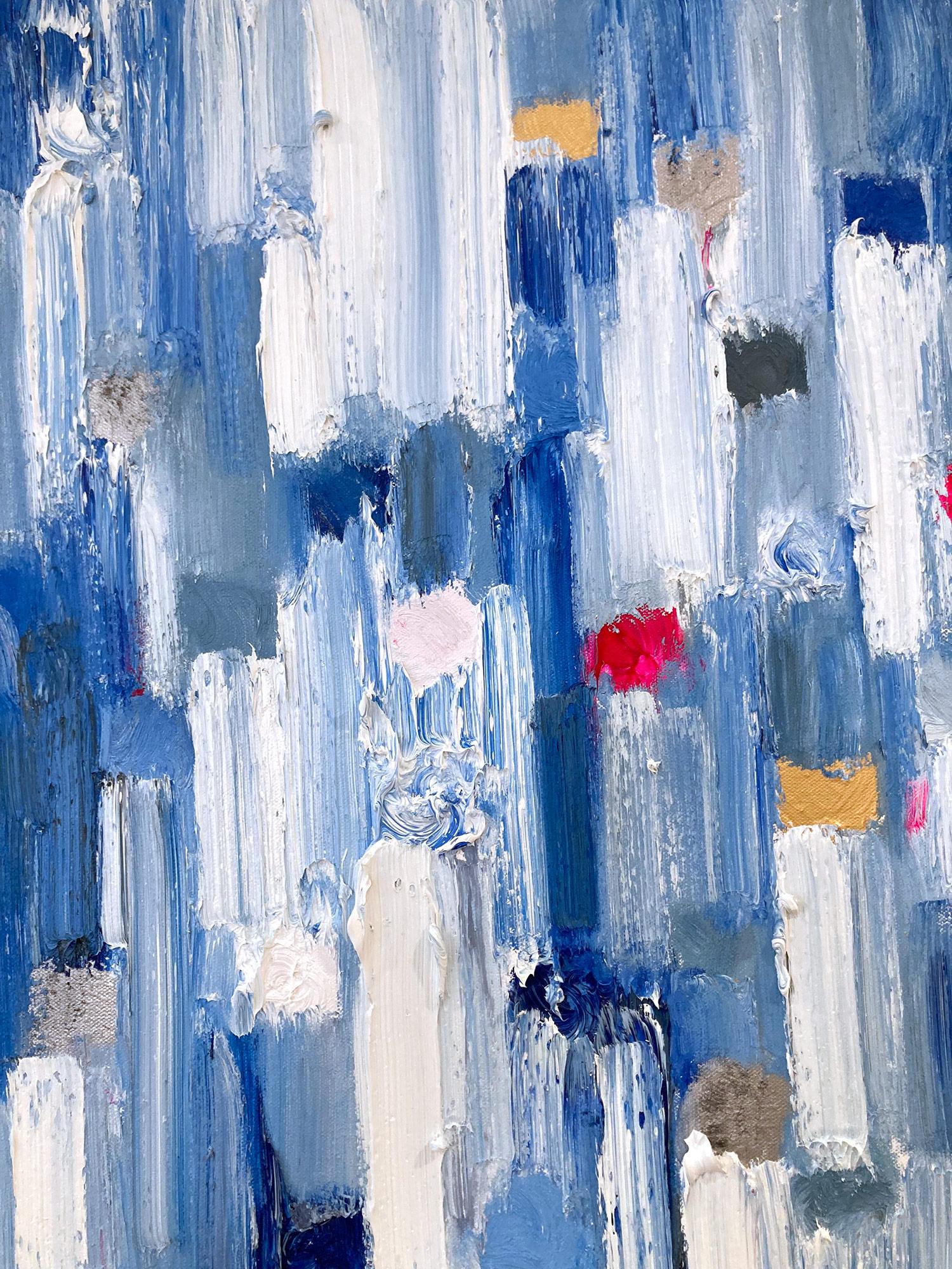 With layers of bright oils and whisking brush strokes, the paint is able to shine and shimmer in a very unique pattern. The artist uses gold leaf with thick textured oils and glass to add a very contemporary, urban feel. The “Dripping Dots” cascade