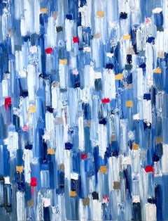 "Dripping Dots - Mallorca" Blue & Gold Contemporary Oil Painting on Canvas