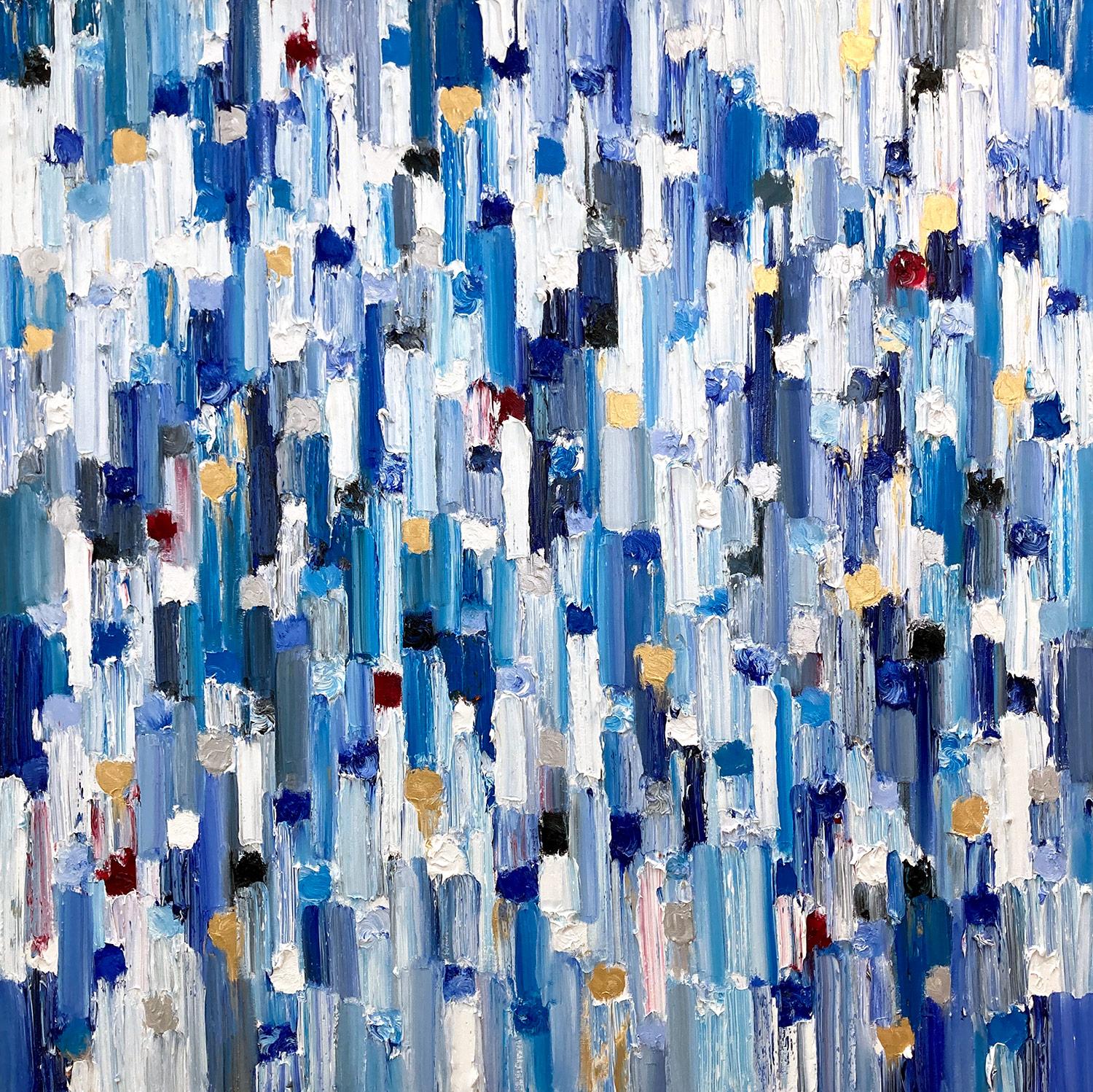 Cindy Shaoul Abstract Painting – "Dripping Dots - Mallorca" Shades of Blue Zeitgenössische Ölgemälde auf Leinwand 