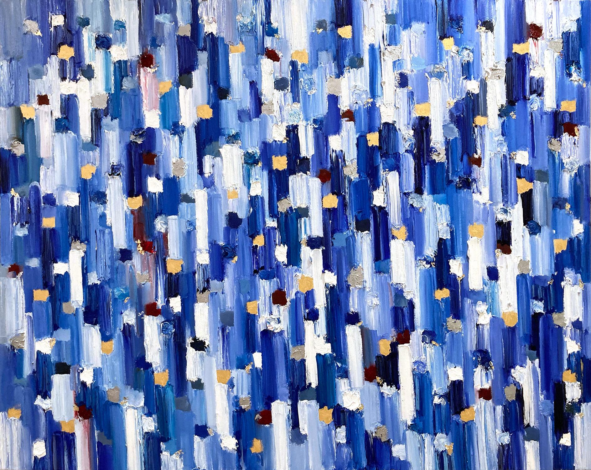 Cindy Shaoul Abstract Painting - "Dripping Dots - Manhattan" Colorful Abstract Oil Painting on Canvas & Gold Leaf