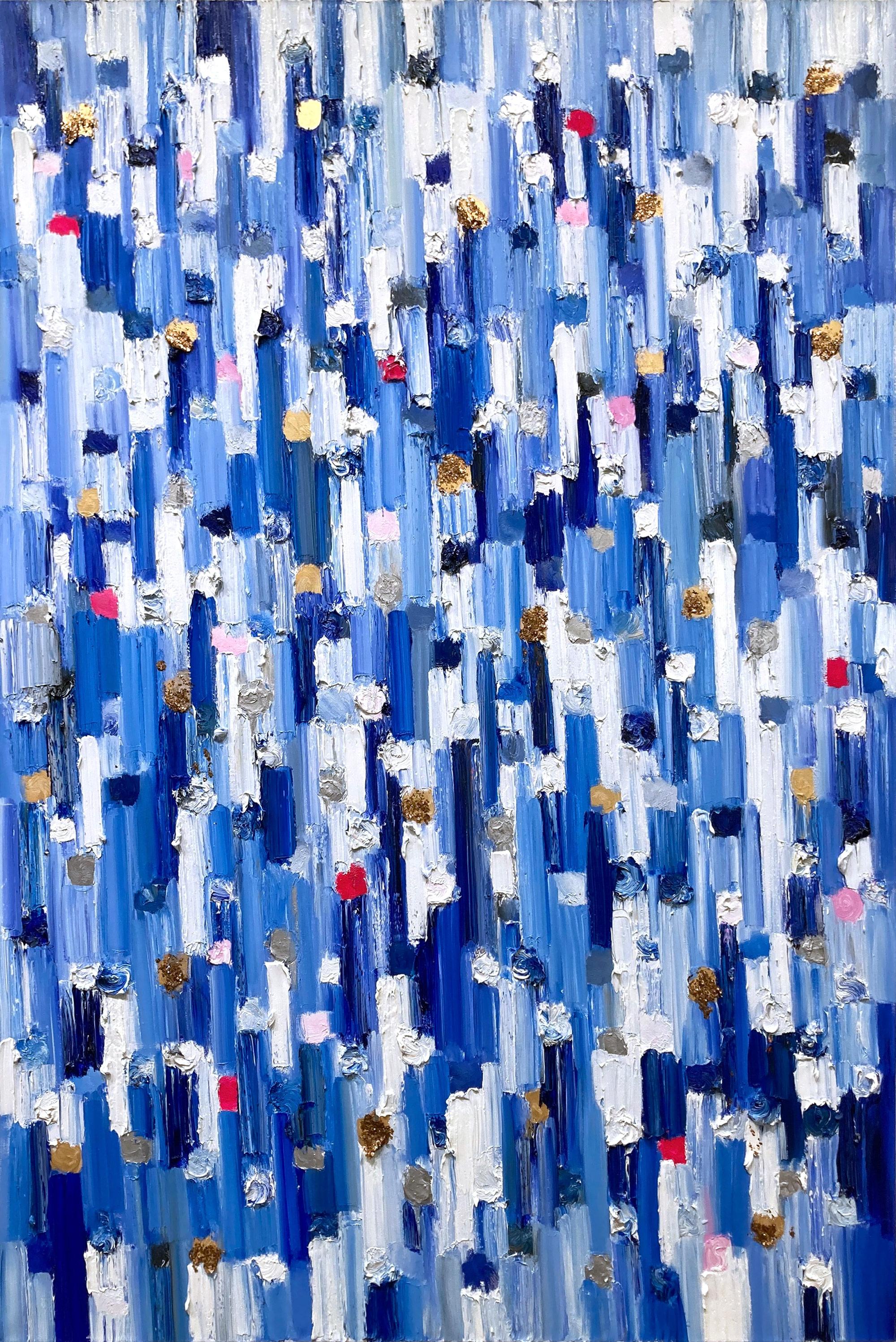 "Dripping Dots - Monaco Grand" Pintura al óleo abstracta de color azul sobre lienzo
