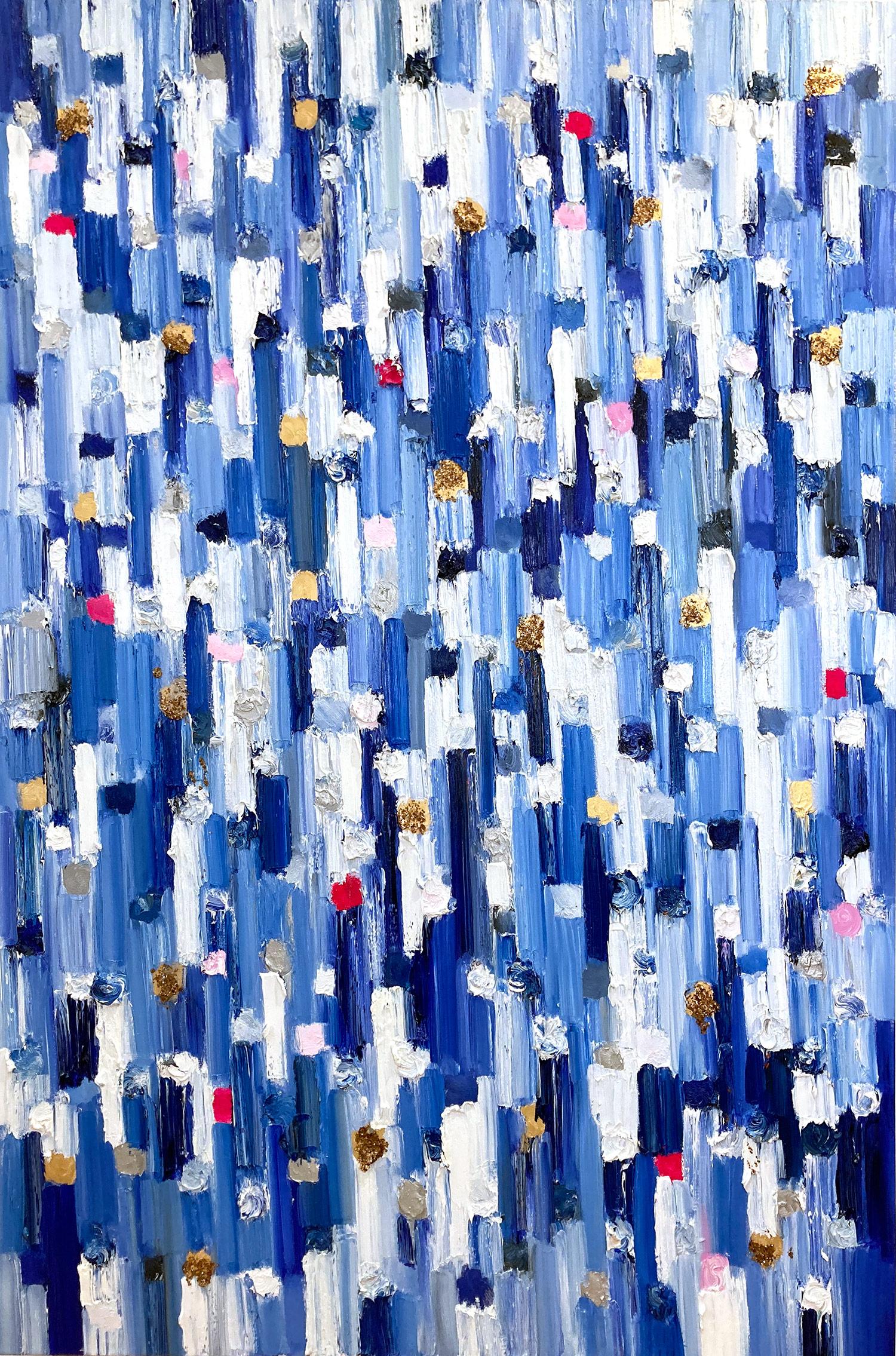 Abstract Painting di Cindy Shaoul - "Dot Dot - Monaco Grand" Pittura ad olio astratta blu colorata su tela