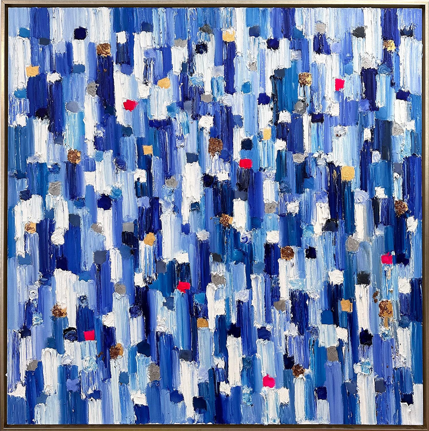 Abstract Painting Cindy Shaoul - "Dripping Dots - Monaco" Peinture à l'huile contemporaine multicolore sur toile encadrée