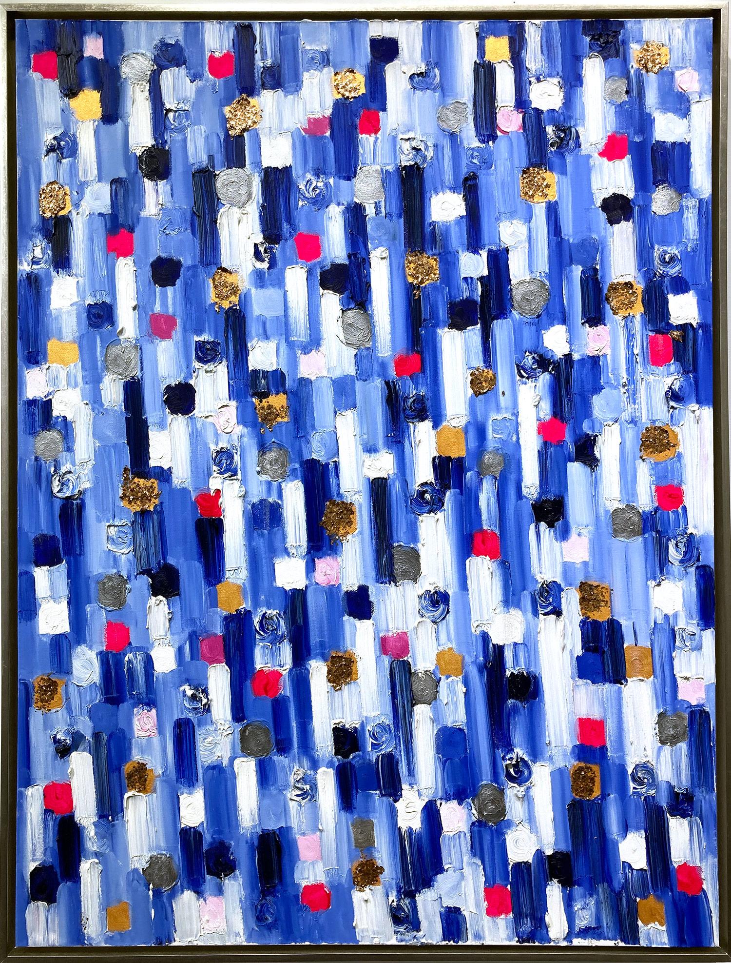 Cindy Shaoul Abstract Painting - "Dripping Dots -  Monaco Nights" Colorful Blue Abstract Oil Painting on Canvas 