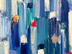 "Dripping Dots - Monaco" Shades of Blue Abstract Oil Painting on Canvas w Gold