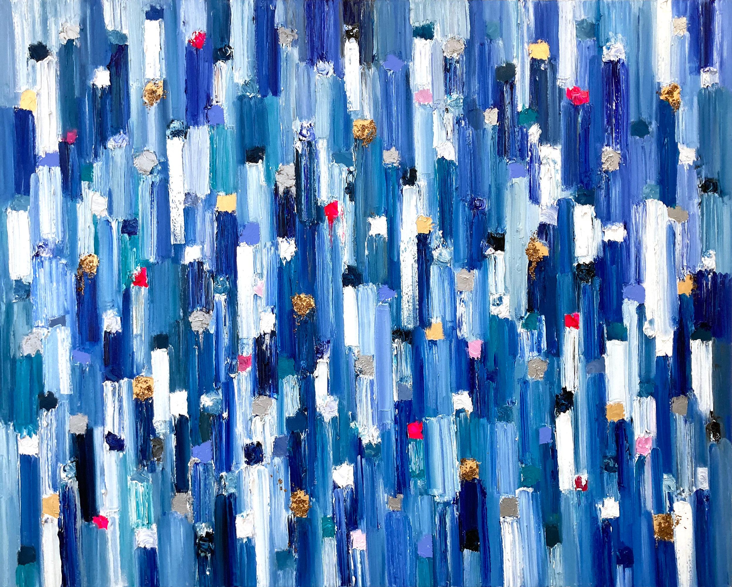 "Dripping Dots - Monaco" Shades of Blue Abstract Oil Painting on Canvas w Gold