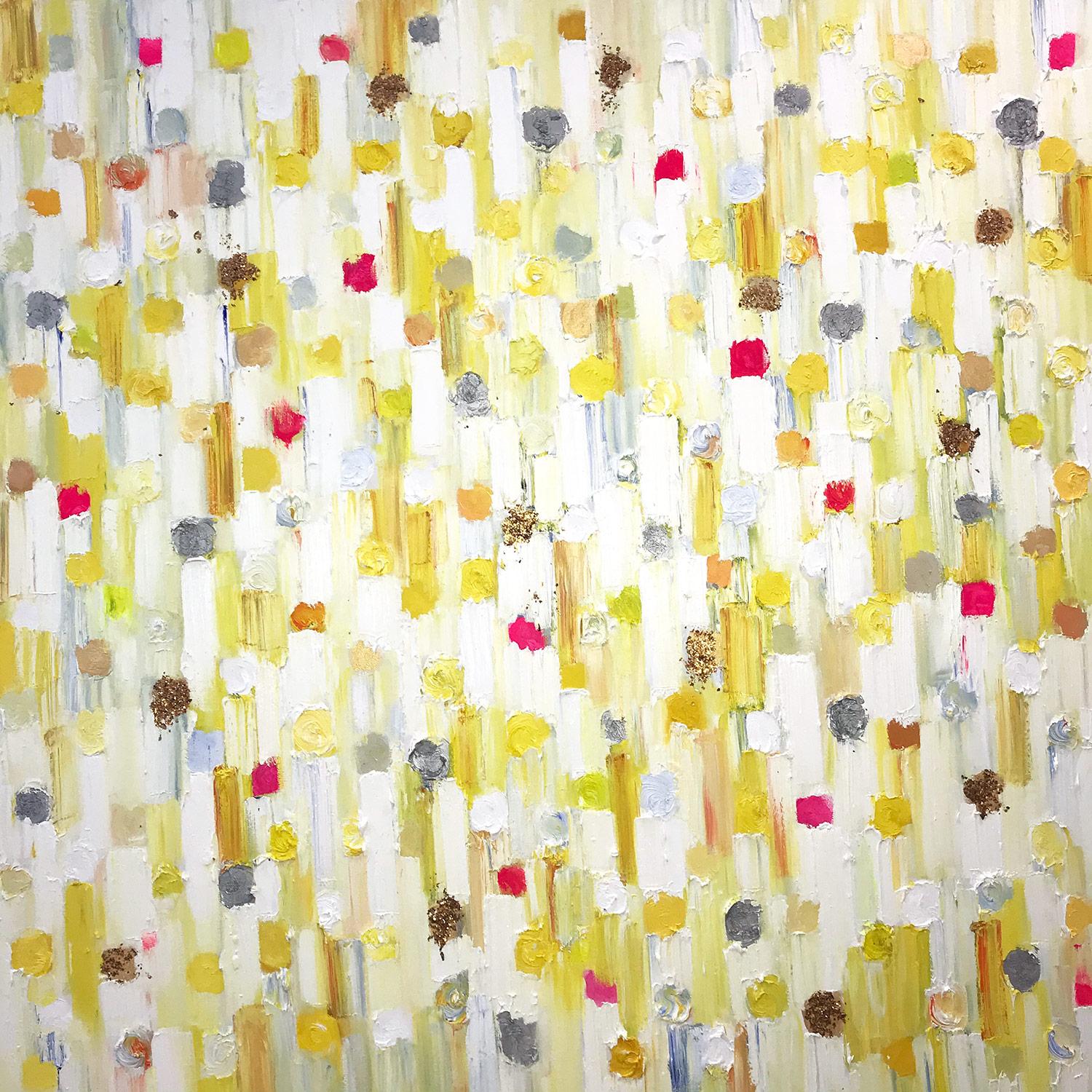 Abstract Painting Cindy Shaoul - "Dripping Dots - Monaco Sunrise" - Peinture à l'huile abstraite contemporaine sur toile
