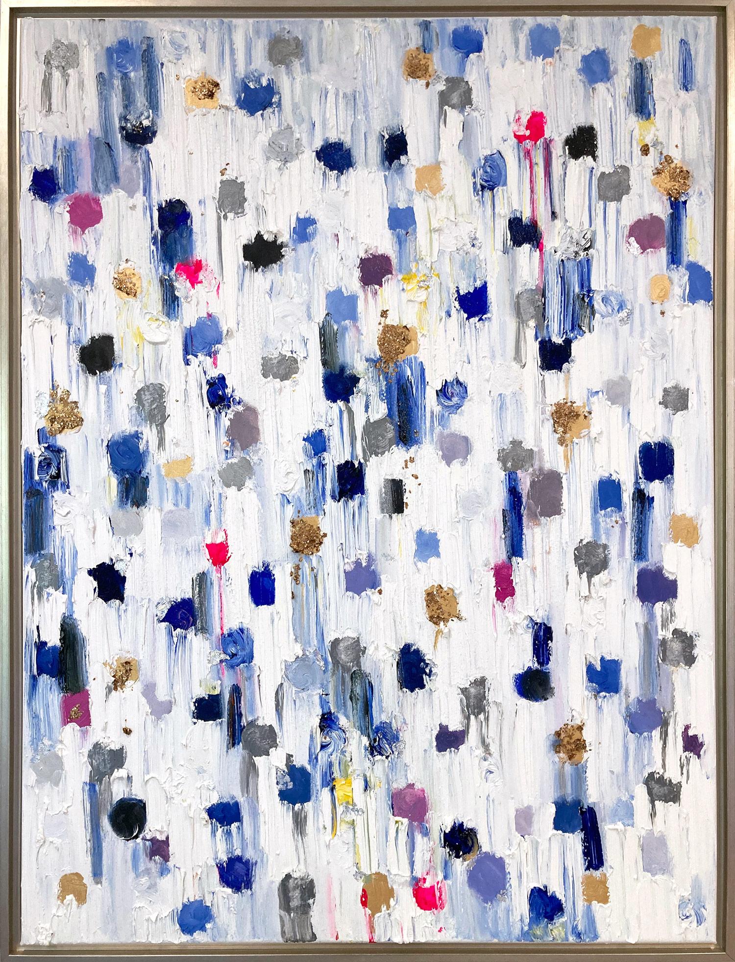 Abstract Painting Cindy Shaoul - "Dripping Dots - Montclair" Peinture à l'huile contemporaine colorée sur toile encadrée