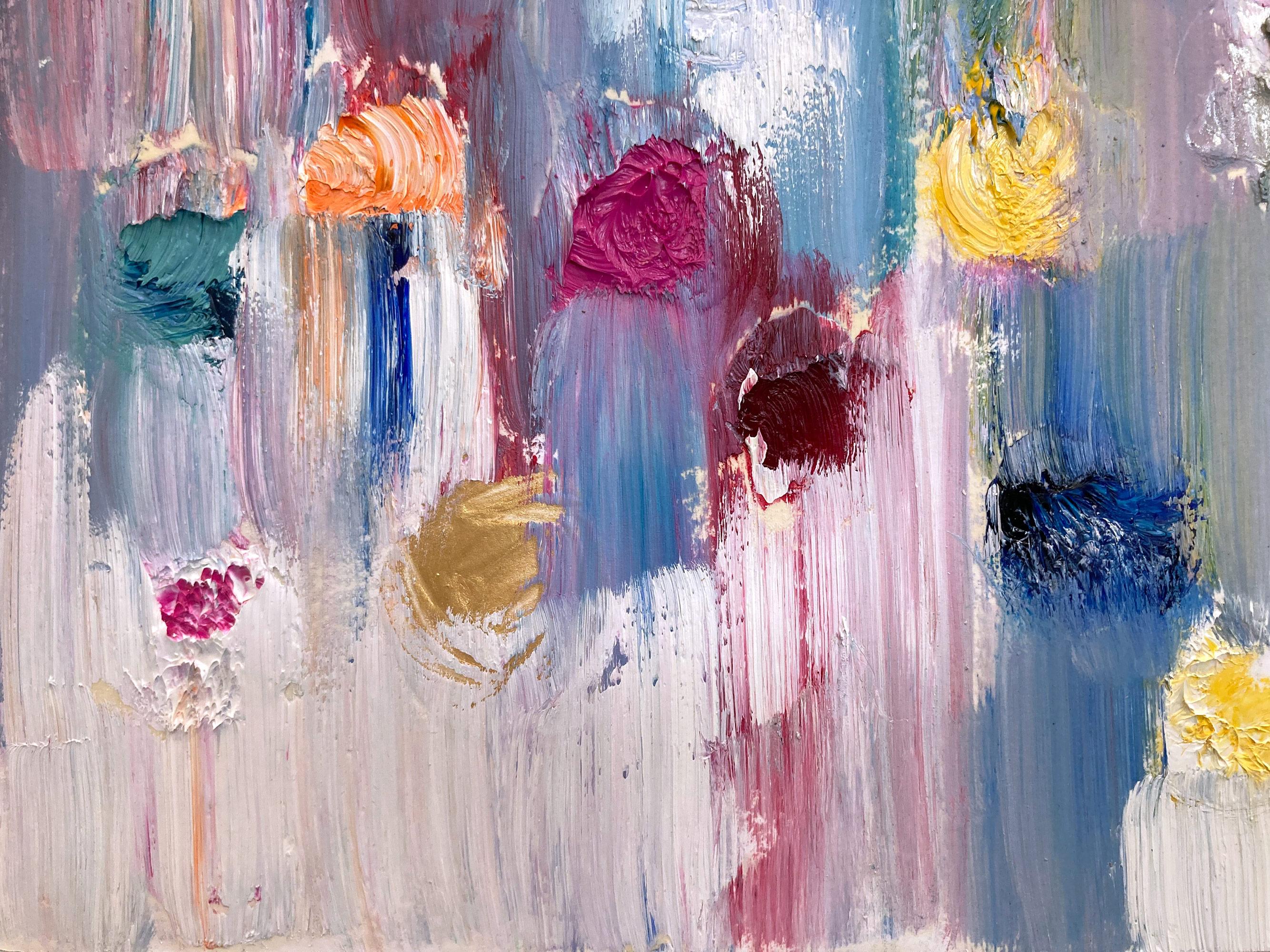Avec des couches d'huiles brillantes et des coups de pinceau fougueux, la peinture est capable de briller et de scintiller dans un motif très unique. L'artiste utilise des huiles à la texture épaisse et des morceaux de verre embellis à la main pour