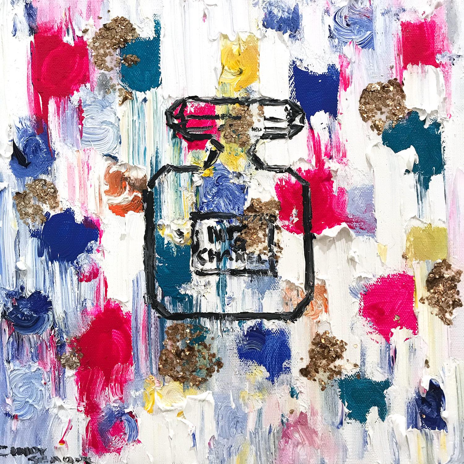 Cindy Shaoul Abstract Painting - "Dripping Dots - N5 in Cannes" Contemporary Perfume Bottle Chanel Painting
