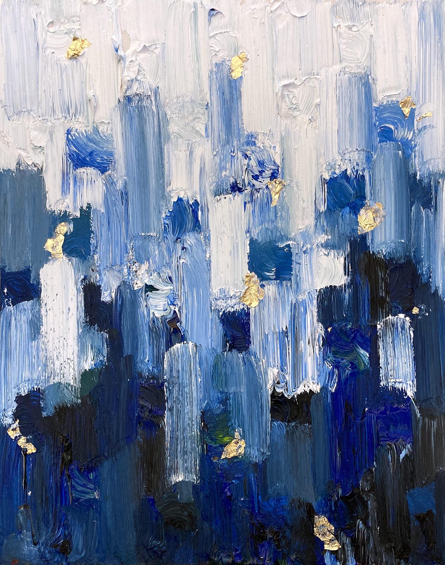 Abstract Painting di Cindy Shaoul - "Dot Dot - Ne m'oublie Pas" Pittura a olio astratta a gradiente blu su carta